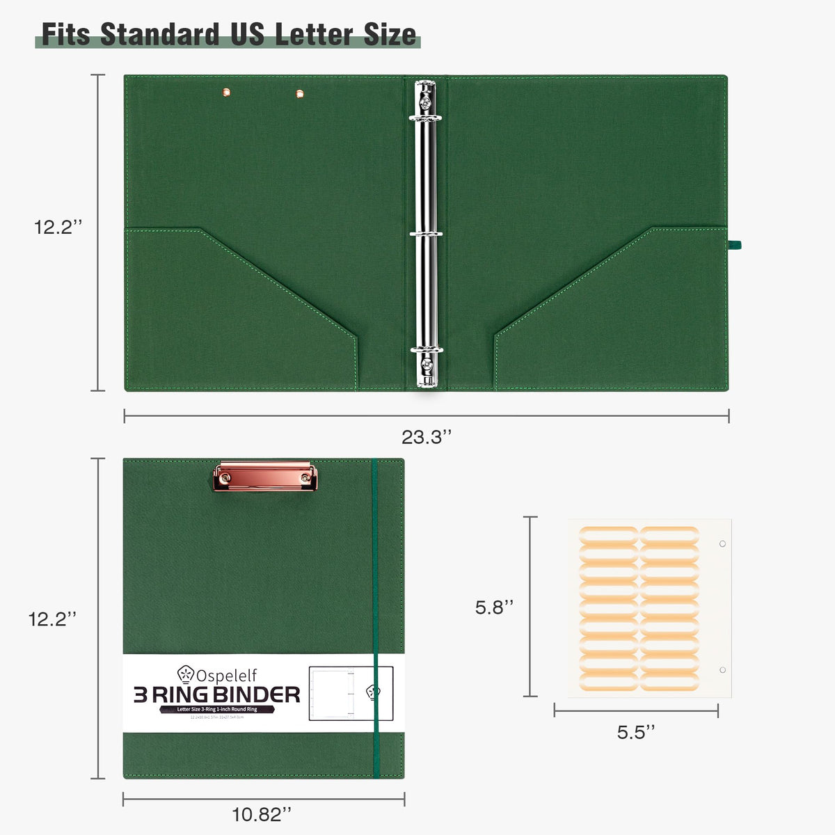 Ospelelf 3 Ring Binder 1 Inch Binder Organizer with Zipper Pouch, Linen Hardcover Portfolio Clipboards for Letter Size (8.5" x 11"), 5 Plastic Binder Dividers with 10 Pockets (Green)