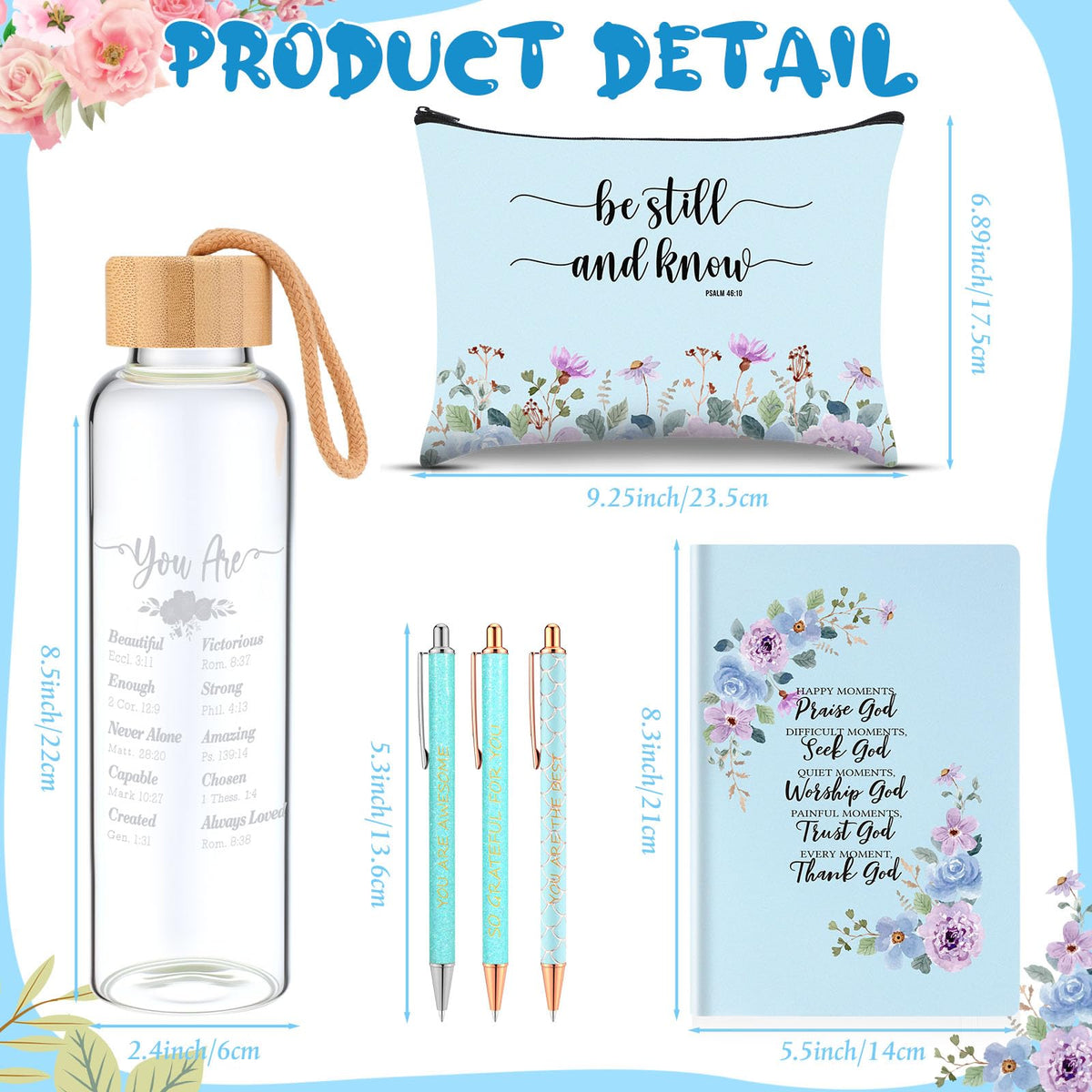 Resholder 6 Pcs Christian Gifts Set for Women Glass Bottle, Makeup Bag, Ballpoint Pens, Religious Scripture Notebook Inspirational Gifts for Sunday School Church(Blue)