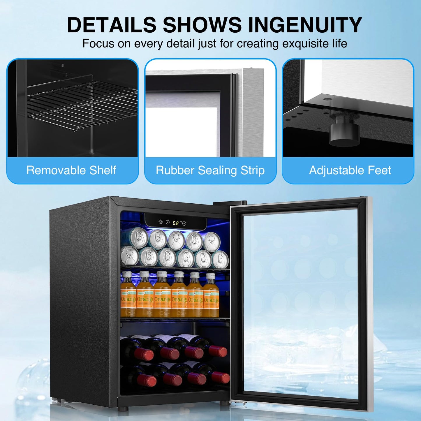 Kismile Mini Refrigerator Cooler 48L Beverage Fridge for 16 Bottle 68 Can,1.7 Cu.Ft Drink Fridge with Seamless Outer Frame,Electronic Temperature Control for Home/Bar/Office 40-61℉,Silver