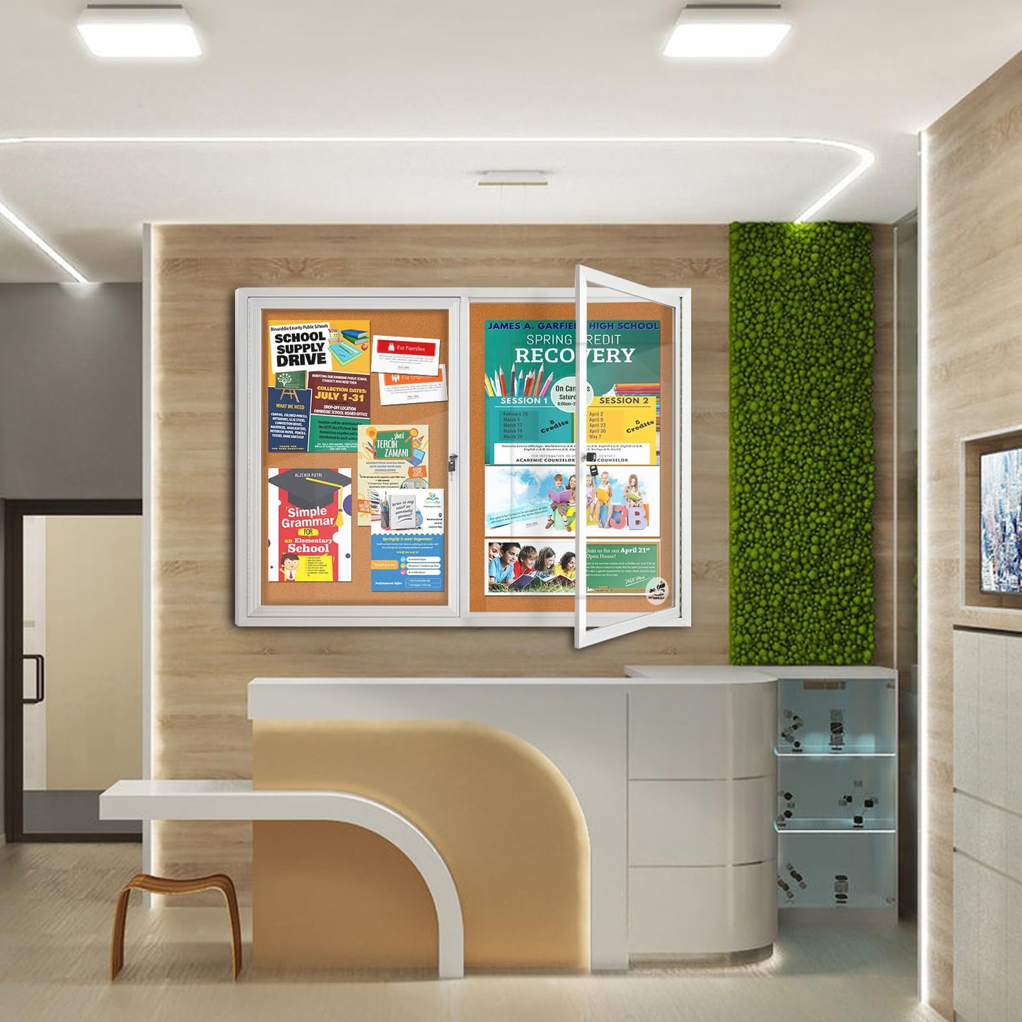 Outdoor Enclosed Cork Bulletin Board 44x32 Inch, Double Door Lockable Wall-Mounted Weatherproof Display Case, Tamperproof Notice Memo Poster Board with Aluminum Frame for Office, School, Community