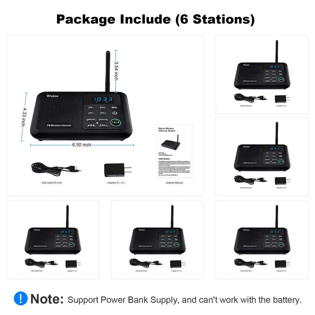 Wuloo Intercoms Wireless for Home 1 Mile Range 22 Channel 100 Digital Code Display Screen, Wireless Intercom System for Home House Business Office, Room to Room Intercom Communication (6 Packs, Black)