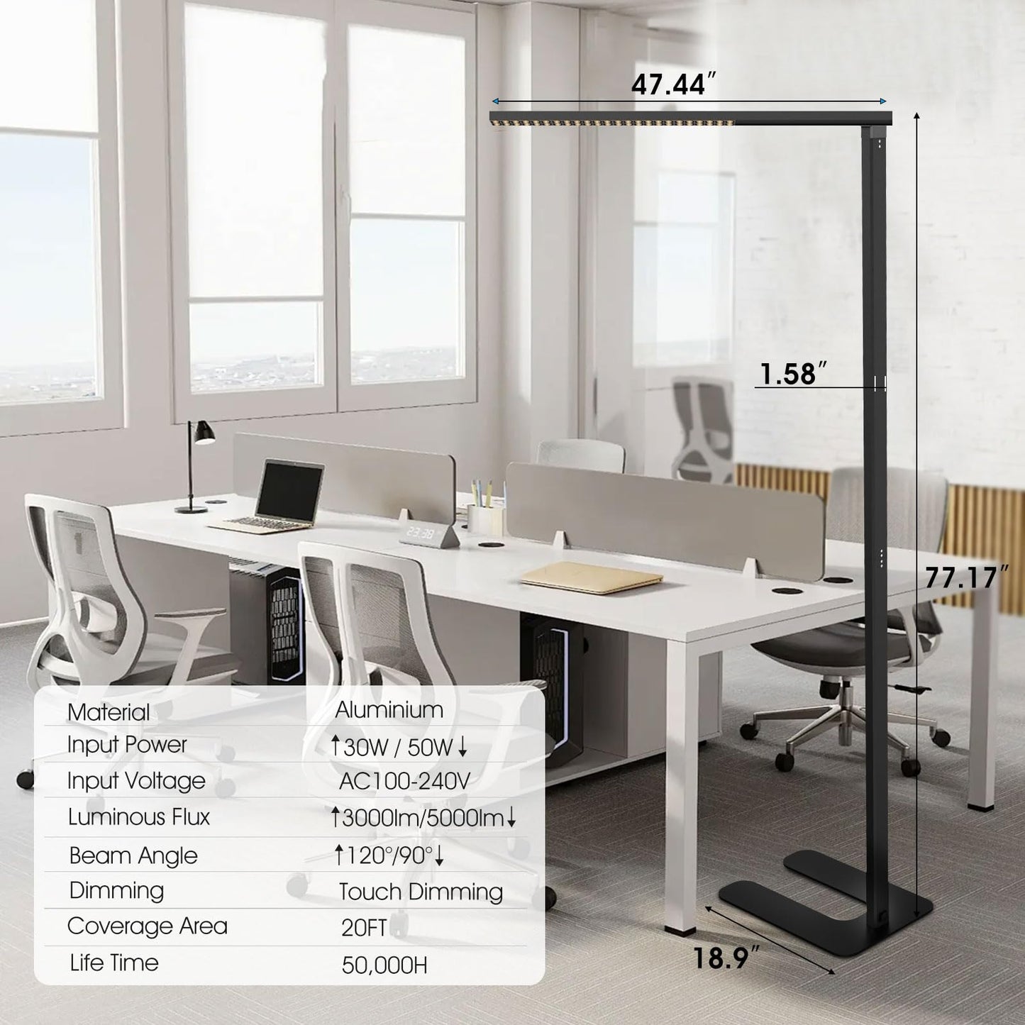 ZUIKAIG 77"LED Floor Lamp,80W Black Modern Free-Standing Lamp,8000LM Dimmable High brightness office Lamp for Reading Study Room,Living Room,Bedroom Room,Piano Room,Meeting Room 4000K Natural Daylight