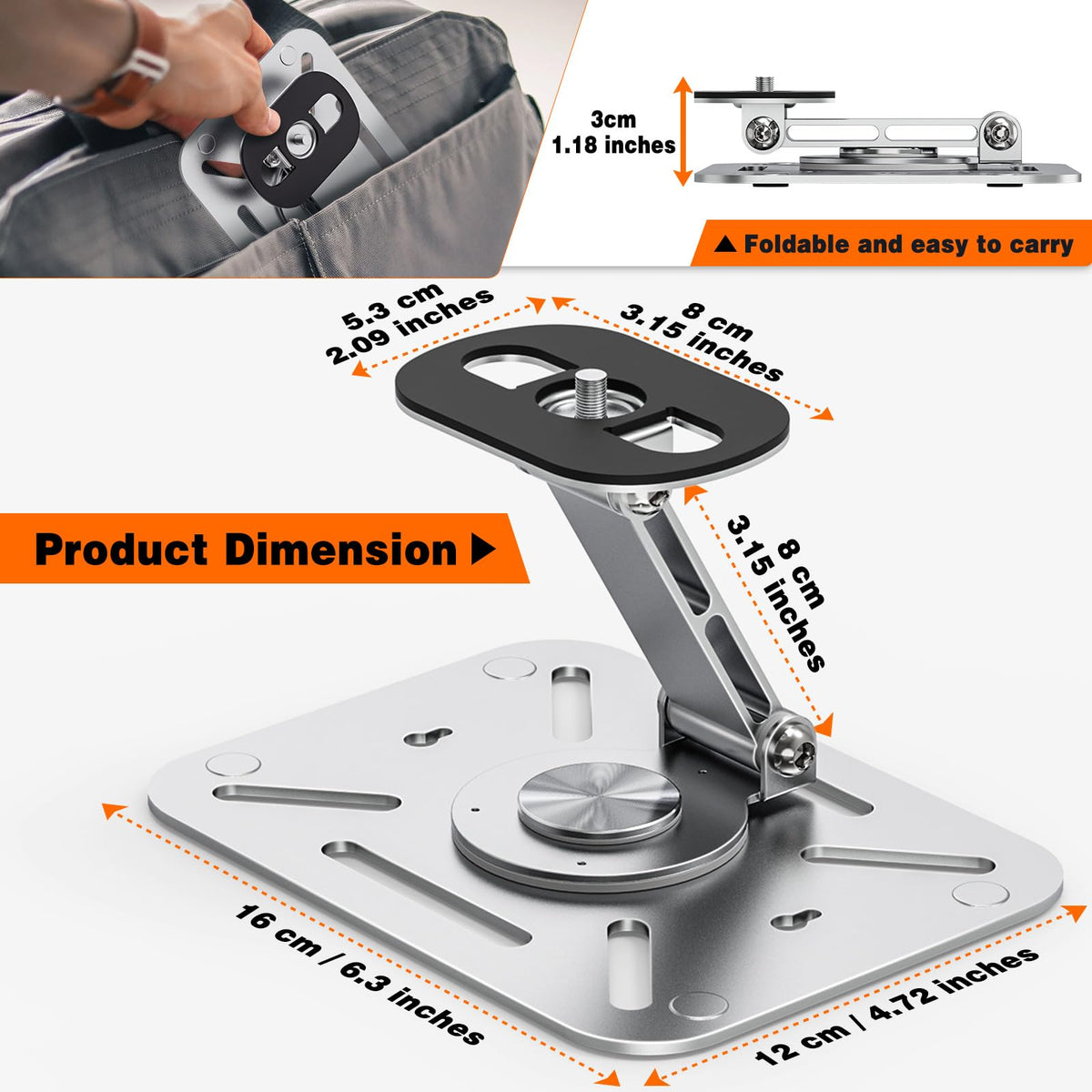 BAISHUN 3-in-1 Projector Stand – Desk, Wall and Ceiling Mount with 1/4-Inch Thread, Foldable, Easy Setup, Height Adjustable and 360-degree Rotation Compatible with Most Projectors for Home, Office