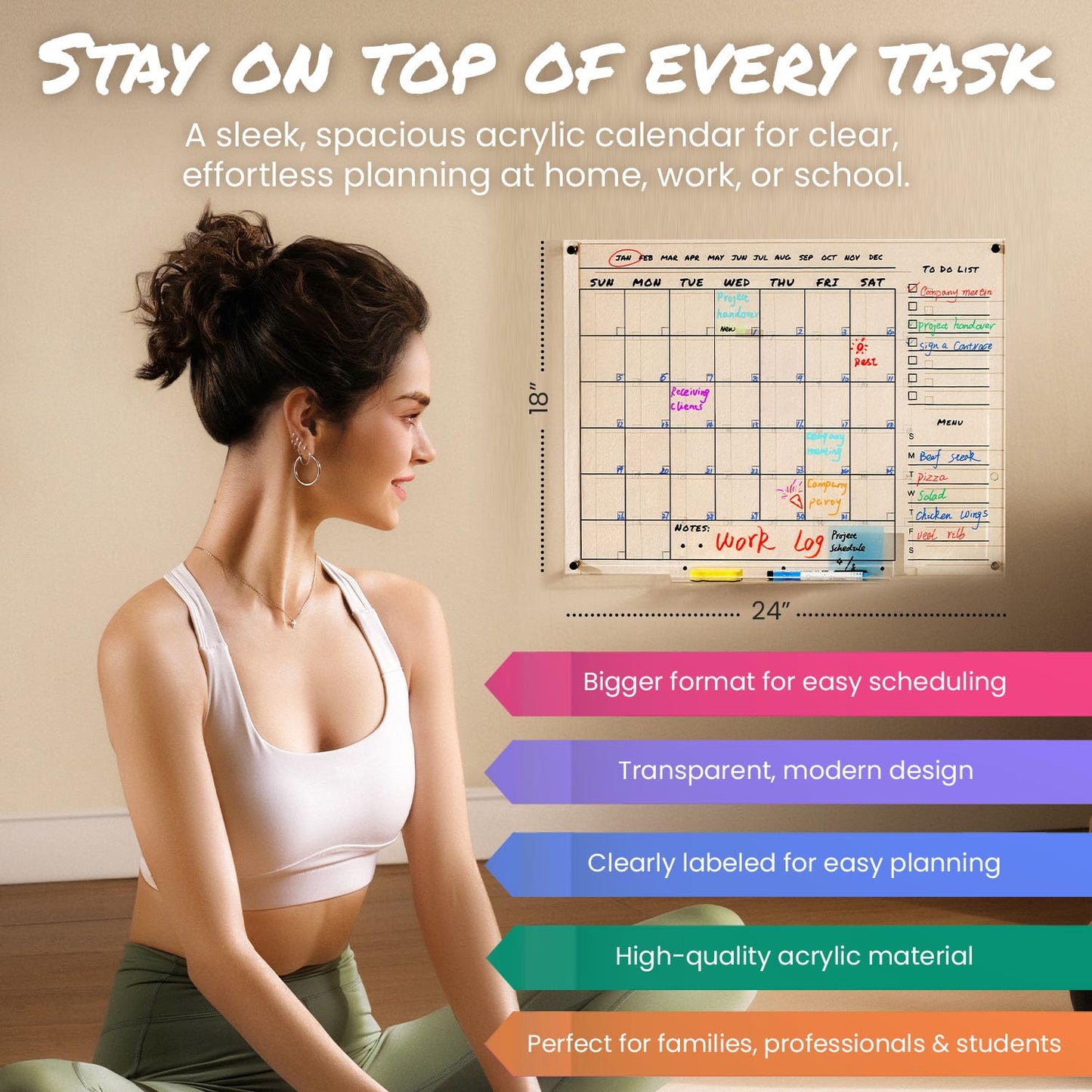 Acrylic Wall Calendar – Medium Clear Dry Erase Wall Calendar 24x18 – Acrylic Monthly Wall Planner for Home, Office & Family – Reusable Transparent Wall Calendar with Markers
