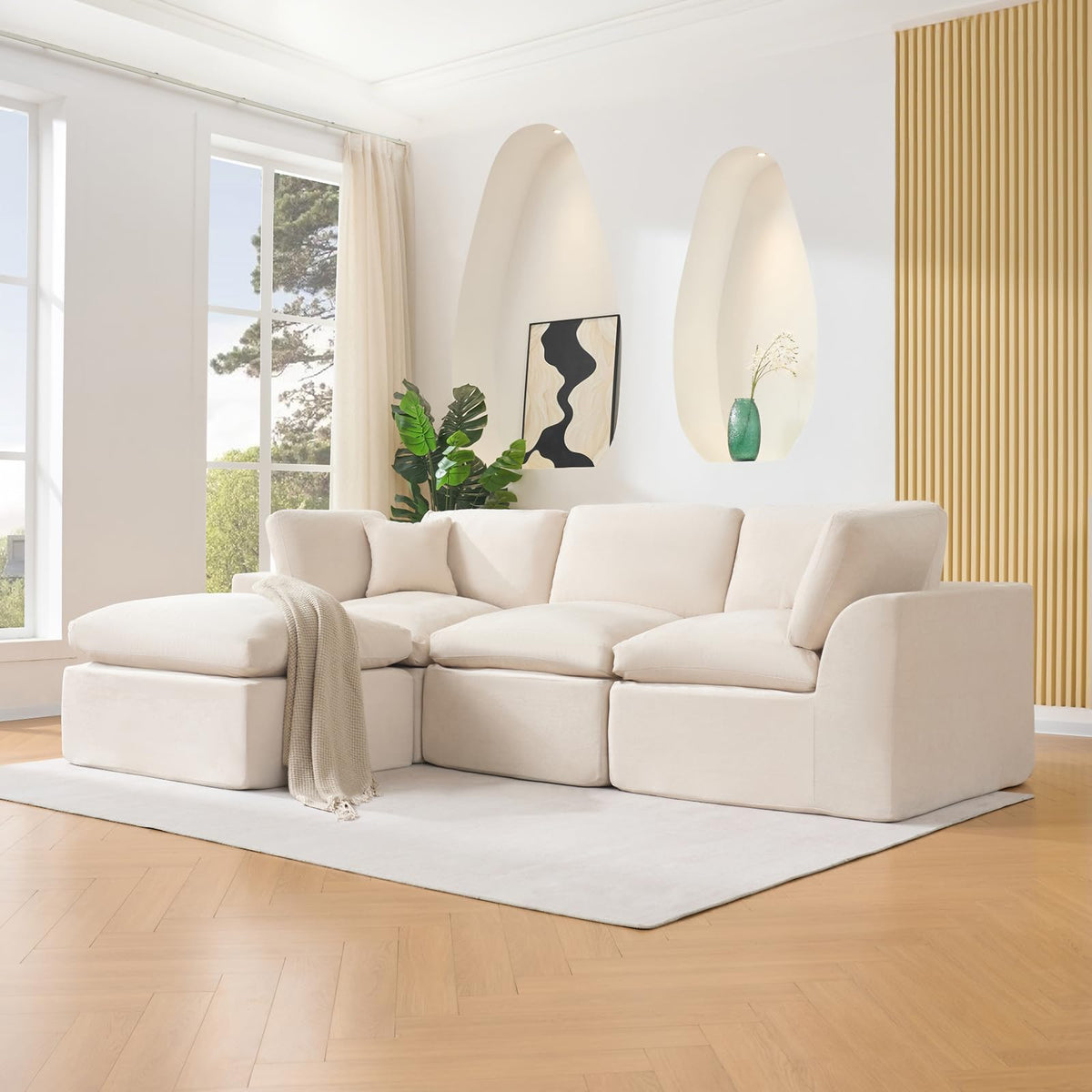 Garvee Modular Sectional Sofa, 110'' Sponge Compression Sofas with Deep Seat, Sectional Couches for Living Room and Bedroom, No Assembly Required, White