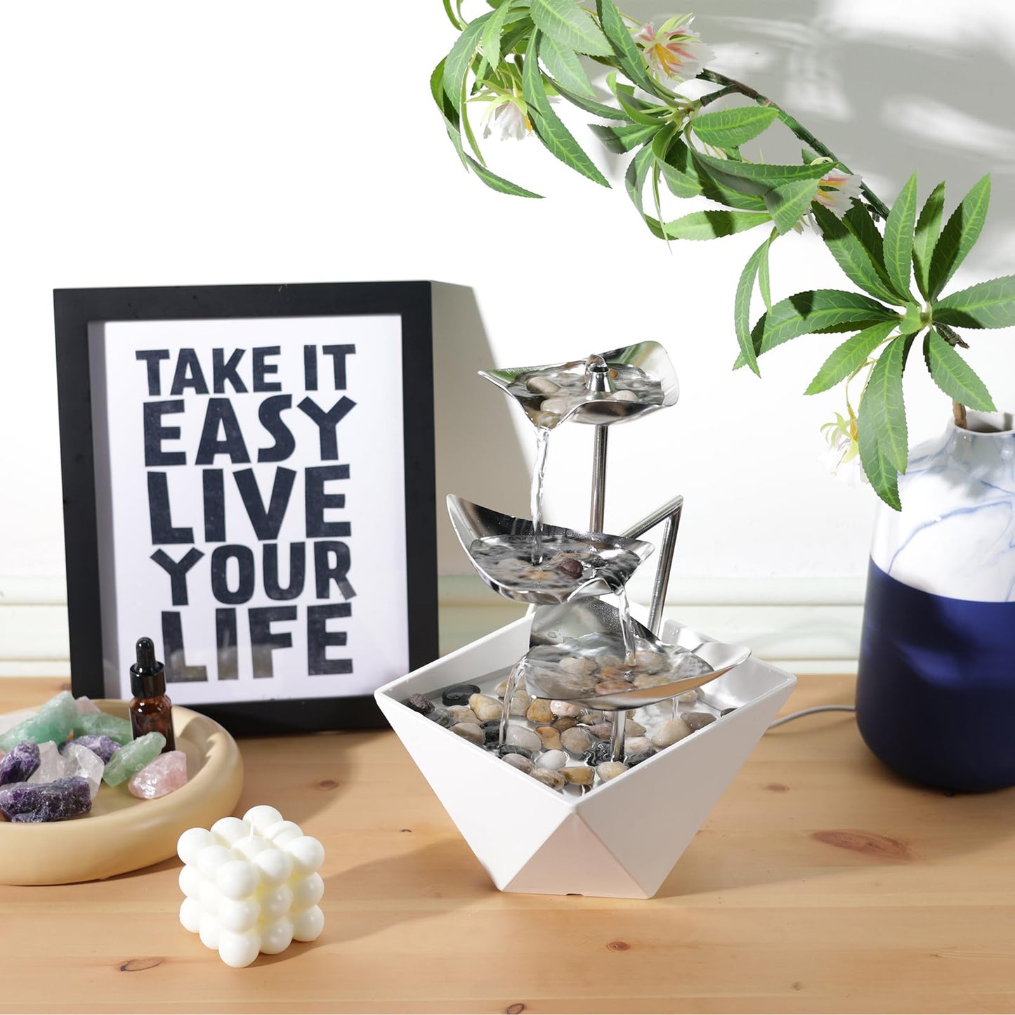 BurTrickle Indoor Tabletop Water Fountain - Home Decor Handcrafted 3-Tier 304 Metal Durable Desktop Fountain, Quiet Pump, Zen Relaxation for Office, Living Room, or Bedroom, Trilogy (White)