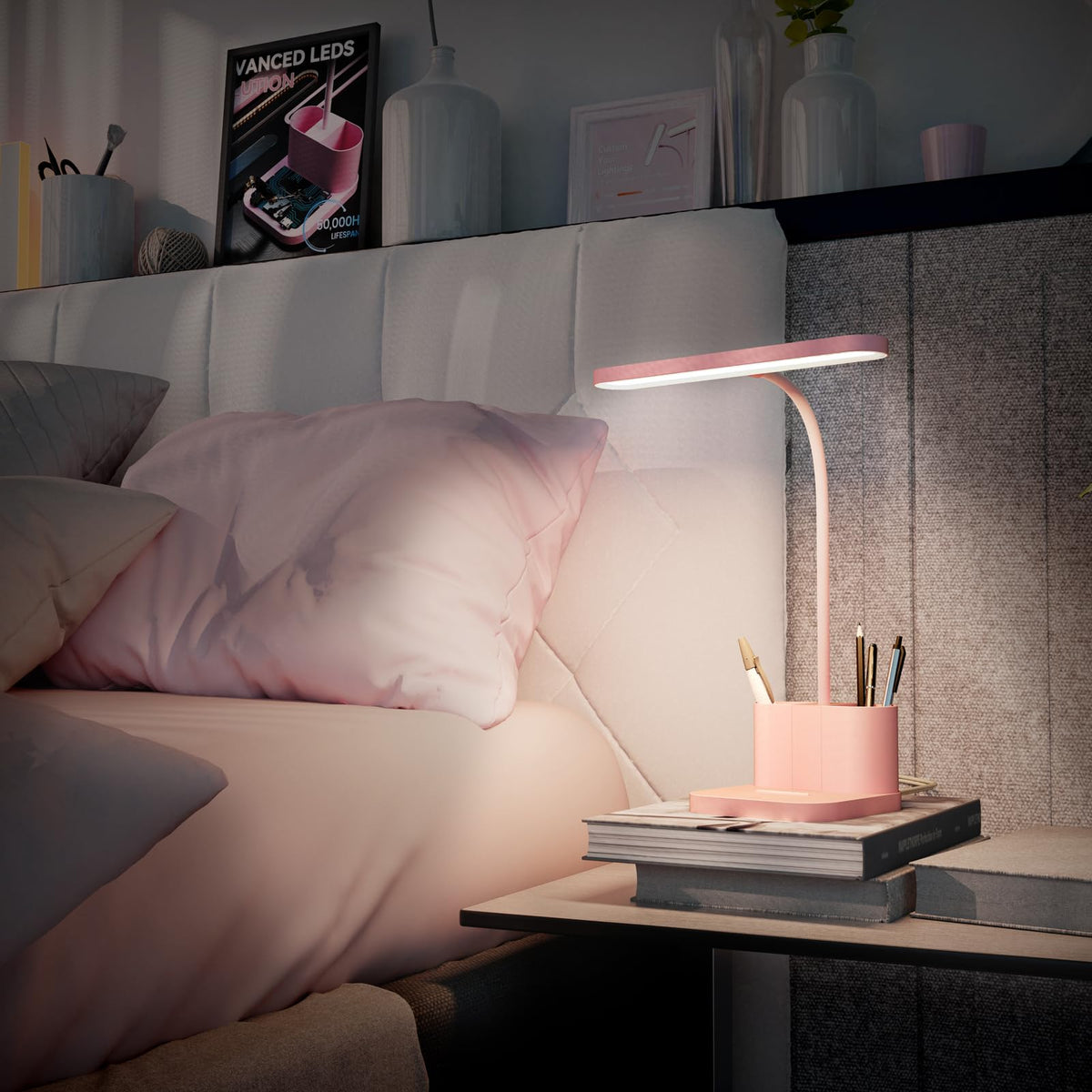 AXX Pink Desk Lamp for Home Office, Cute Table Lights for Bedrooms, Kawaii, Dimmable LED, Flexible Gooseneck, Pen Holder, Touch Control, Room College Dorm Essentials for Teen Girls Kids
