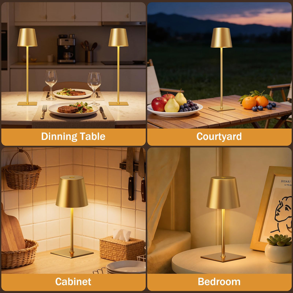 Gold Cordless Rechargeable Table Lamp, 2 Pack Portable Desk Lamp with 5000mAh Battery, Touch Control Stepless Dimming, Wireless Night Light for Dining, Outdoor Camping, Coffee Shop, Water Repellent