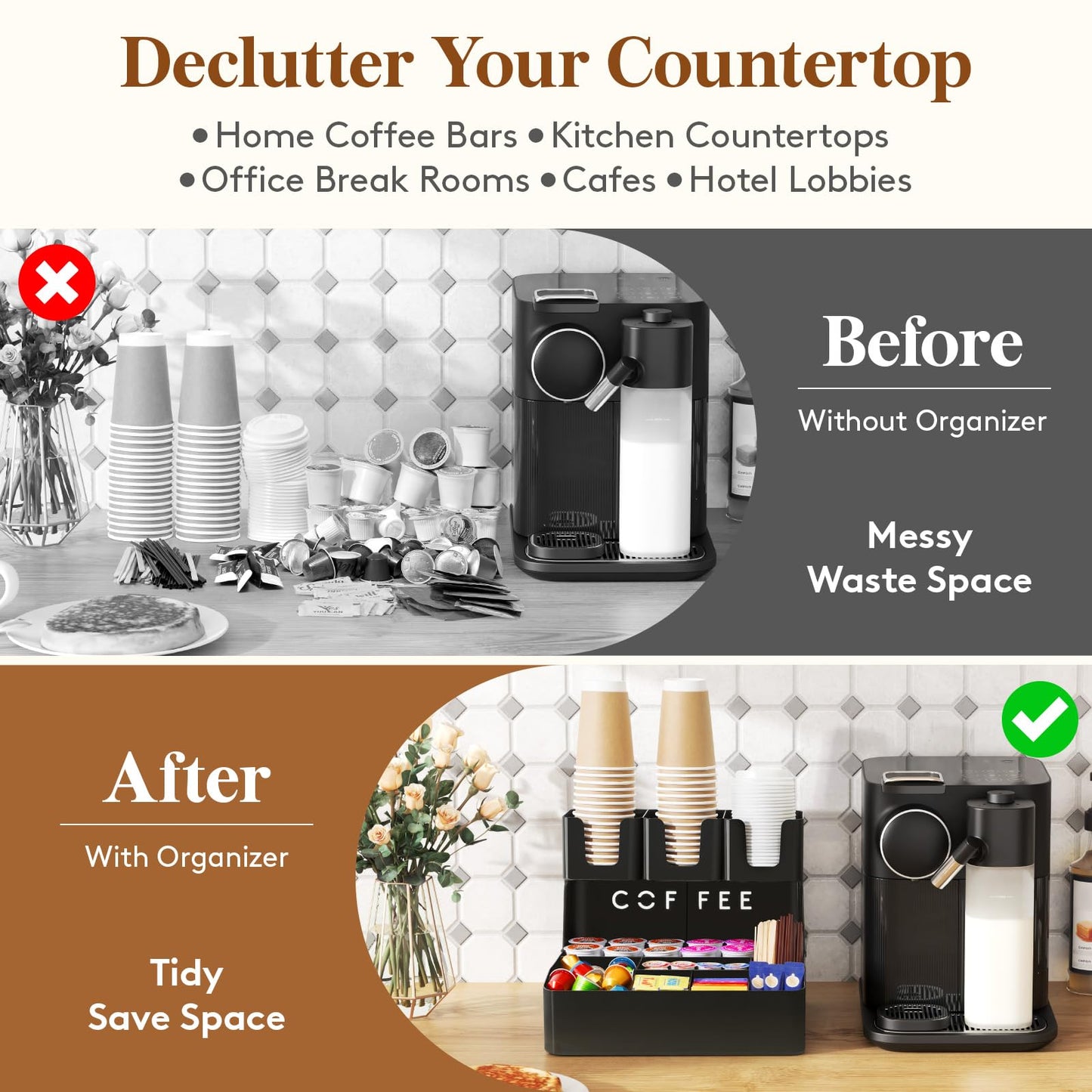 Lifewit 2-tier Coffee Station Organizer Caddy for Countertop, 10 Compartments Coffee Bar Organizers for Cups, Pods, Sugar, Compact Condiment Holders Storage for Office Breakroom Kitchen Home Black