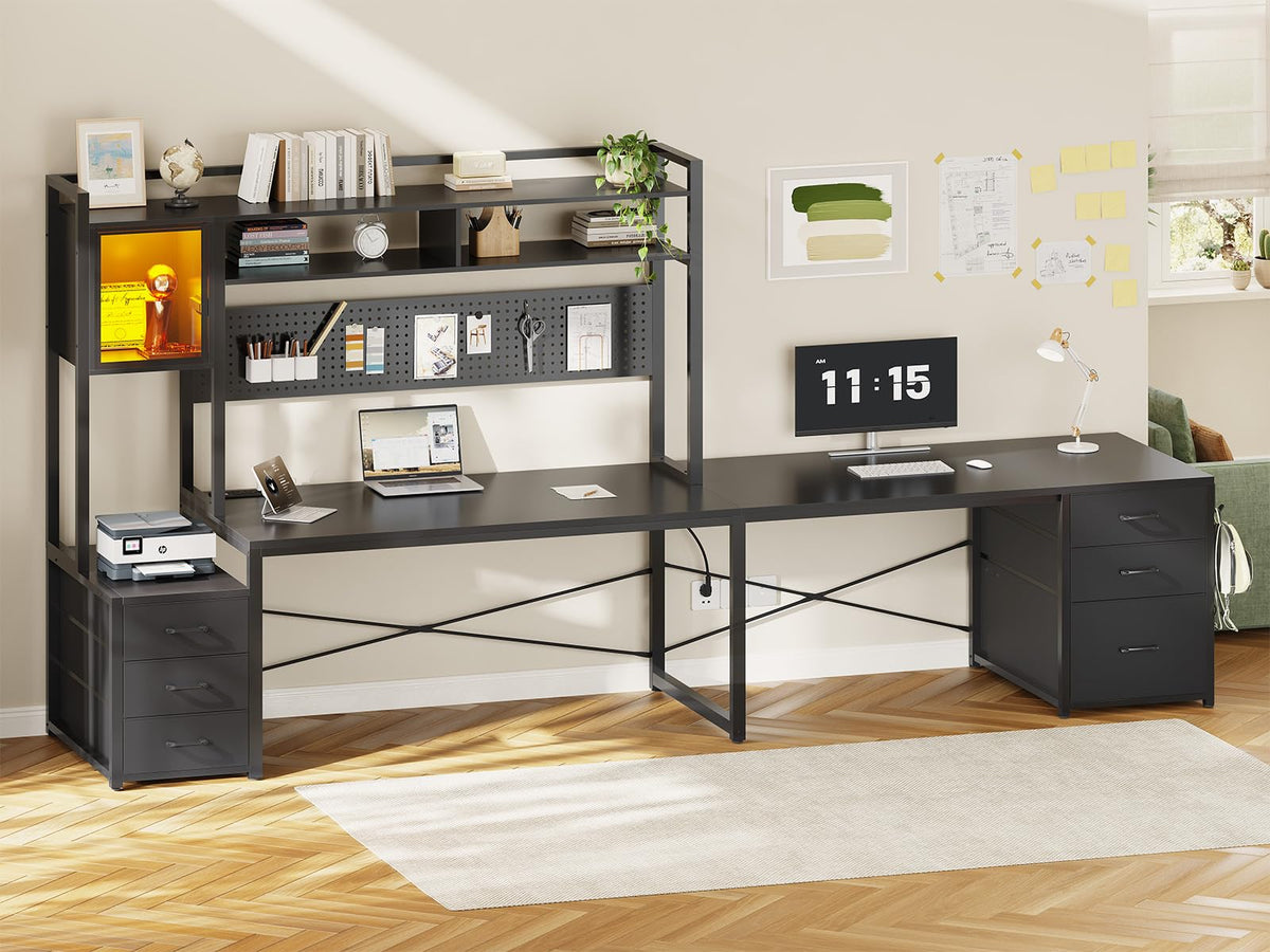 SEDETA L Shaped Gaming Desk with Drawers, Reversible Computer Corner Desk with File Drawer, Hutch, Storage Shelves for Home Office, Gaming Two Person Desk with Led Lights, Power Outlet, Black