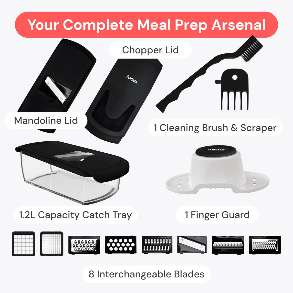 Fullstar All in One Vegetable Chopper and Mandoline Slicer - Food Chopper with Container and Julienne Slicer, Fruit Slicer, Veggie Cutter, Kitchen Gadgets & Gift for Mom (8 in 1, Black)