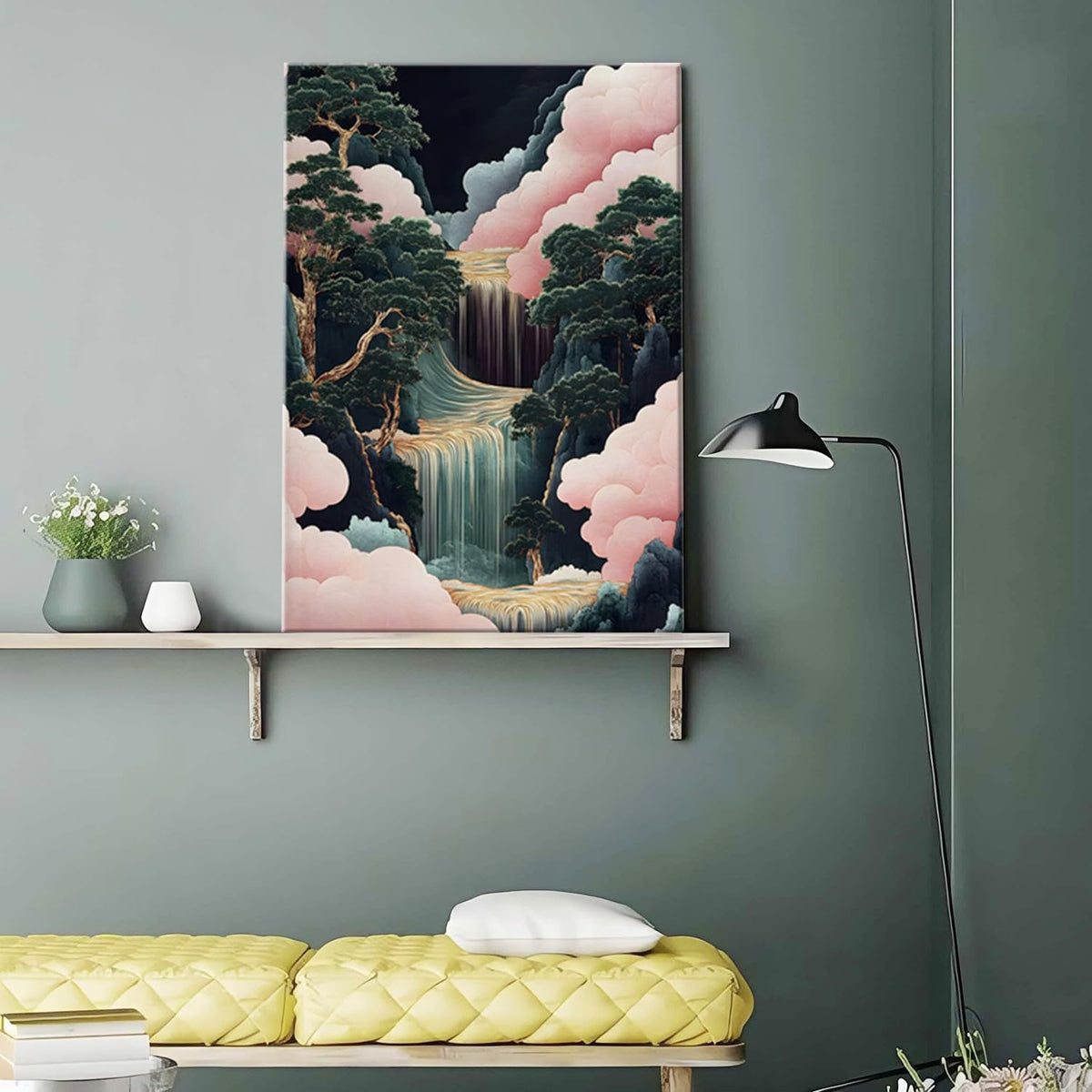 Framed Japanese Waterfall Landscape Picture Pink Clouds Wall Art Decor Canvas Print Nature Print Artwork Poster Gallery Bedroom Living Room Office 12x16 Inch Ready to Hang