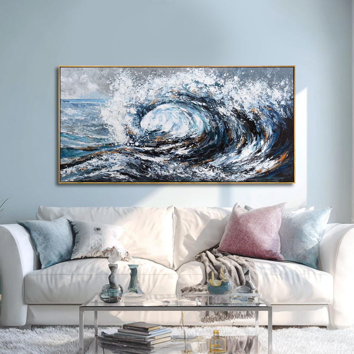 SDYA Canvas Prints Wall Art, Blue Ocean Wave Sea Picture Paintings,Modern Artwork Wall Decor for Home Room Office Decorations 24"x48"