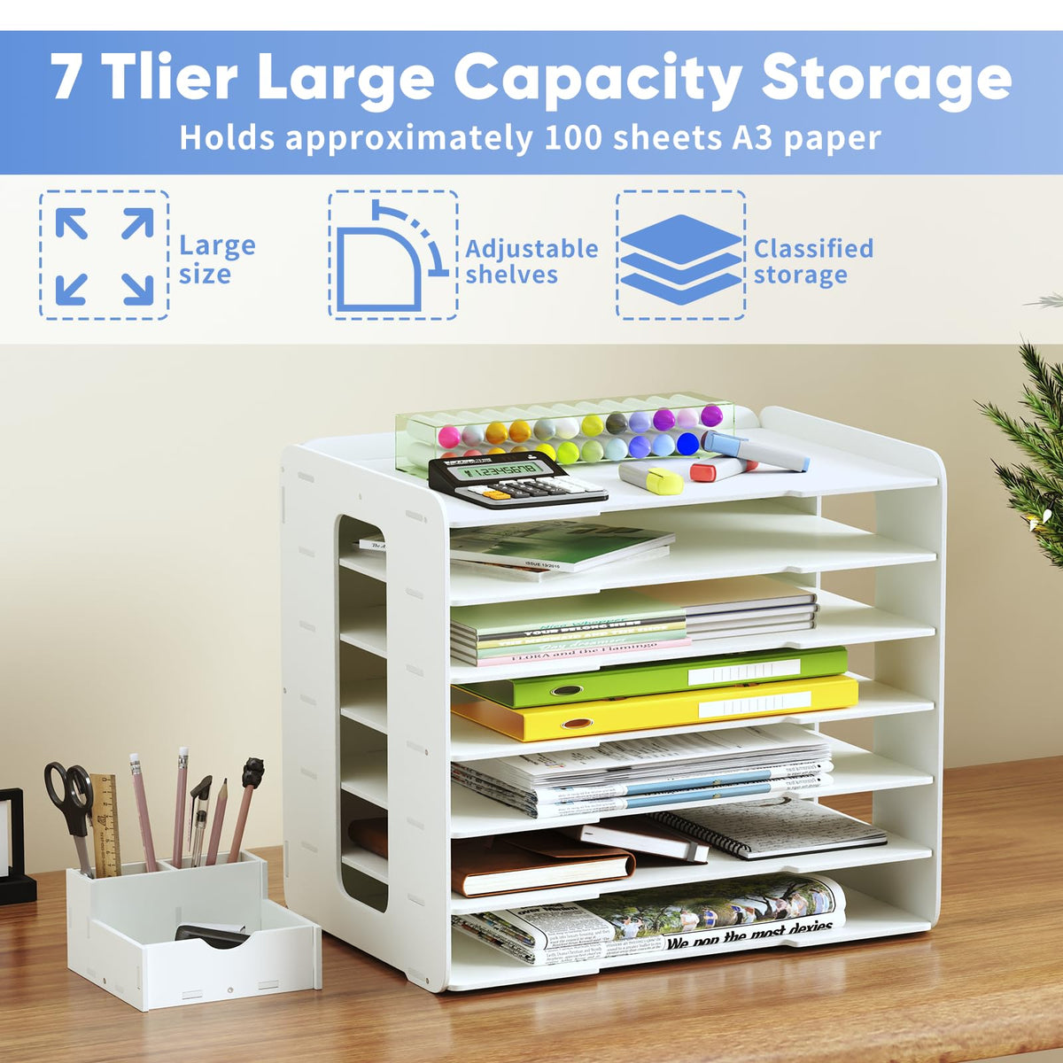 bimiti A3 Construction Paper Storage Organizer, PVC 11X17 Scrapbook Paper Organizer for Desk Space-Saving Paper Shelf Rack File Document Holder Mail Sorter Letter Tray for Classroom Home Office