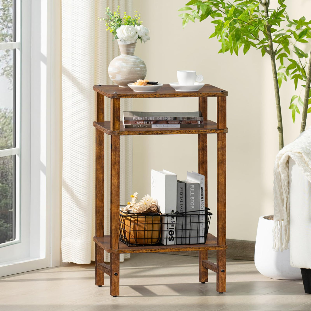YUFAM Side Table End Table Tall Night Stand 3-Tier for Living Room Bedroom Bathroom Office Furniture Brown