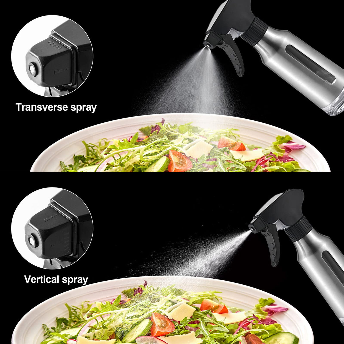 Micyples Oil Sprayer for Cooking,Stainless Steel Olive Oil Mister for Air Fryer Black Nozzel Dispenser Bottles Fat Reduction Glass Oil Control Spray Pot 6.35oz(180ml) Capacity