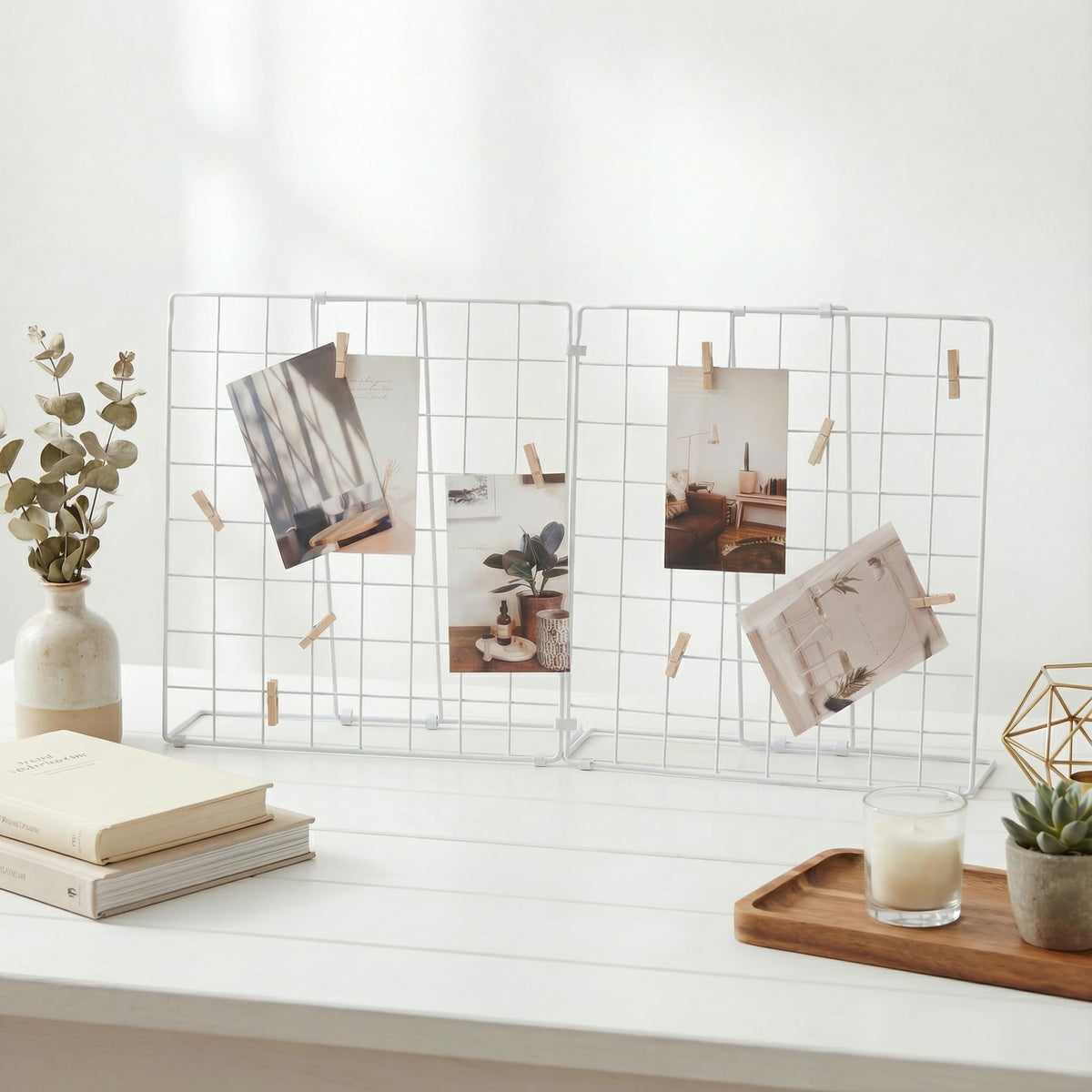 JAJAGOU Foldable Double-sided Desktop Photo Display Rack & Grid Display Board With 20 Wooden Clips – Photo & Accessory Organizer For Home Office White