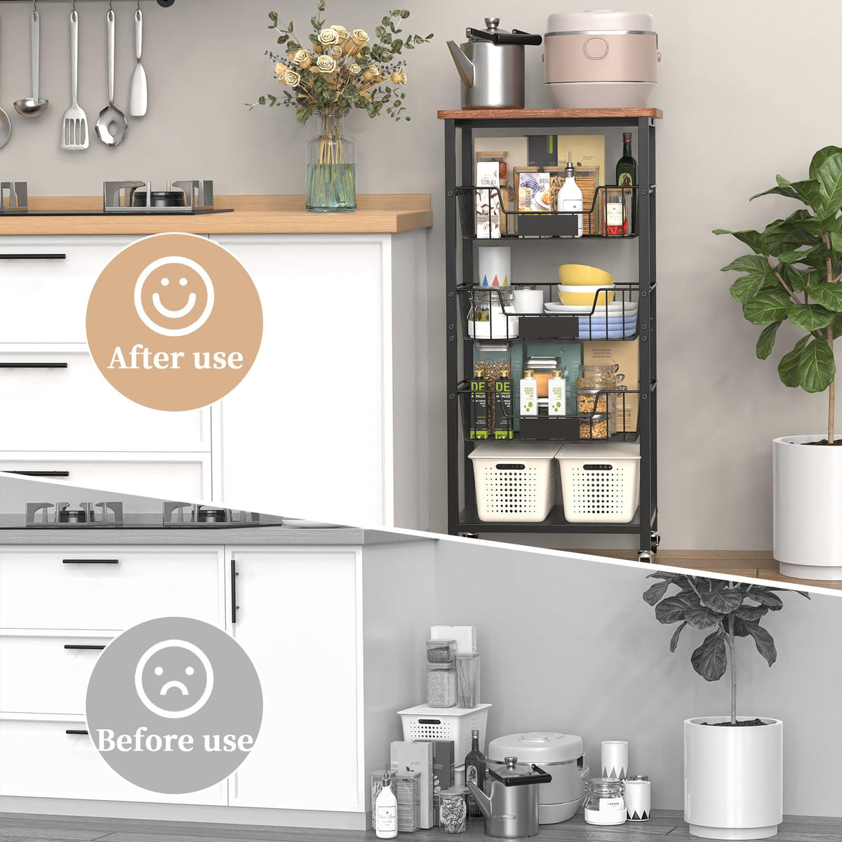 Hastatii Kitchen Storage Cart, Kitchen Basket, 5-Tier Utility Organizer with Baskets and Wood Top, Rolling Snack Cart with Wheels, Metal Black