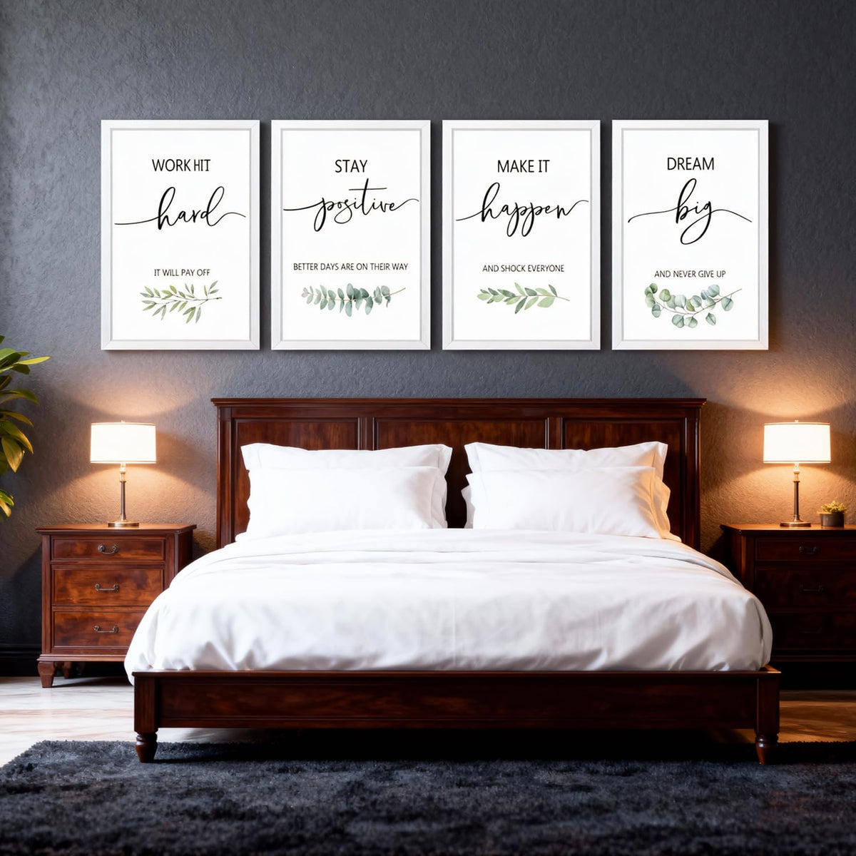 Motivational Wall Art Set of 4, 16 x 11 Inch Framed Inspirational Quotes Prints, Wooden Frame Modern Home Decor for Bedroom, Office, Living Room
