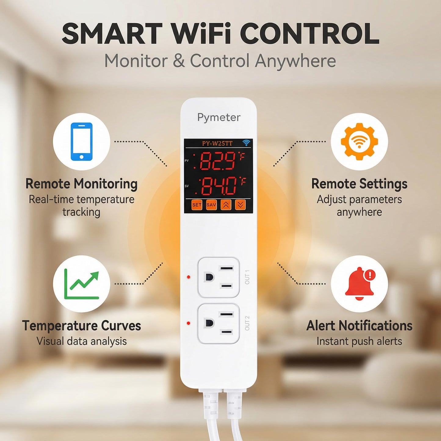 Pymeter SmartLife/Tuya APP WiFi Temperature Controller with Dual Probes, Smart Digital Thermostat with Two Outlets for Reptile Heat Mat, Greenhouse Seedlings, Homebrew Fermentation, Cooling Fan