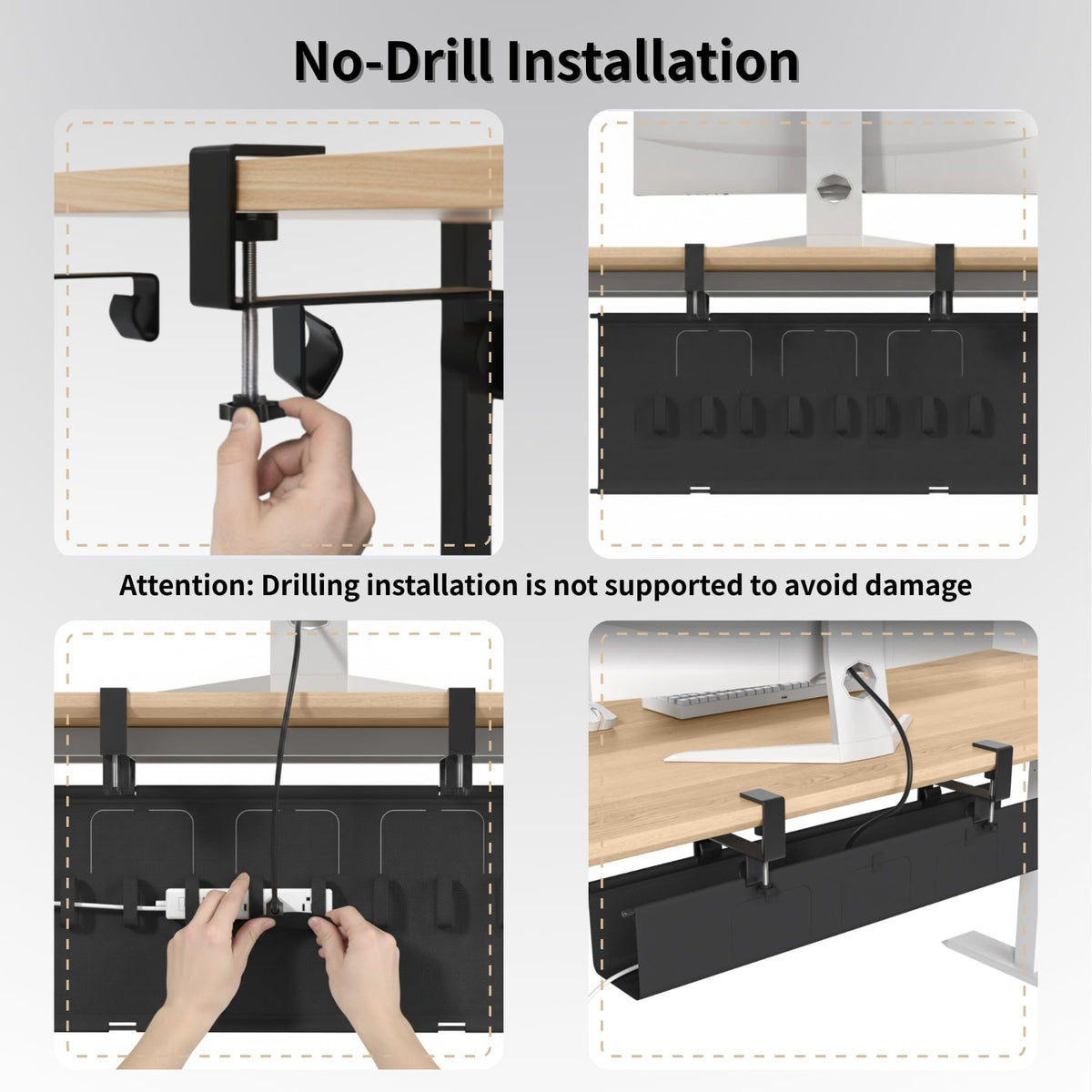 Nyoria Under Desk Cable Management Tray, 36” Fabric No Drill Clamp Mount Cord Organizer for Desk, Heavy Duty Wire Management for Office Home, Black