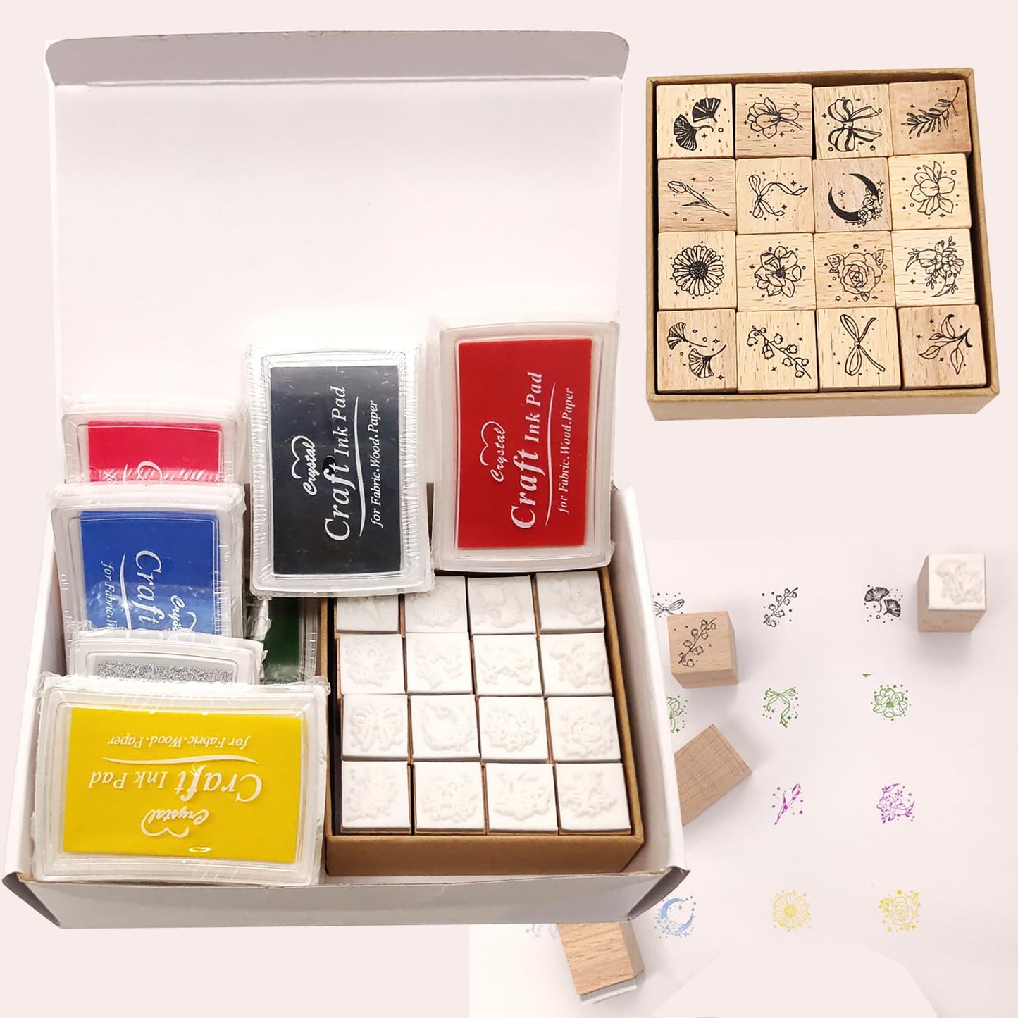 HRJZF of 24 Pcs Rubber Stamp and Craft Ink Set 16 Pcs Wooden Rubber Stamps 8 Pcs Ink Pad for Craft DIY Card and Scrapbooking