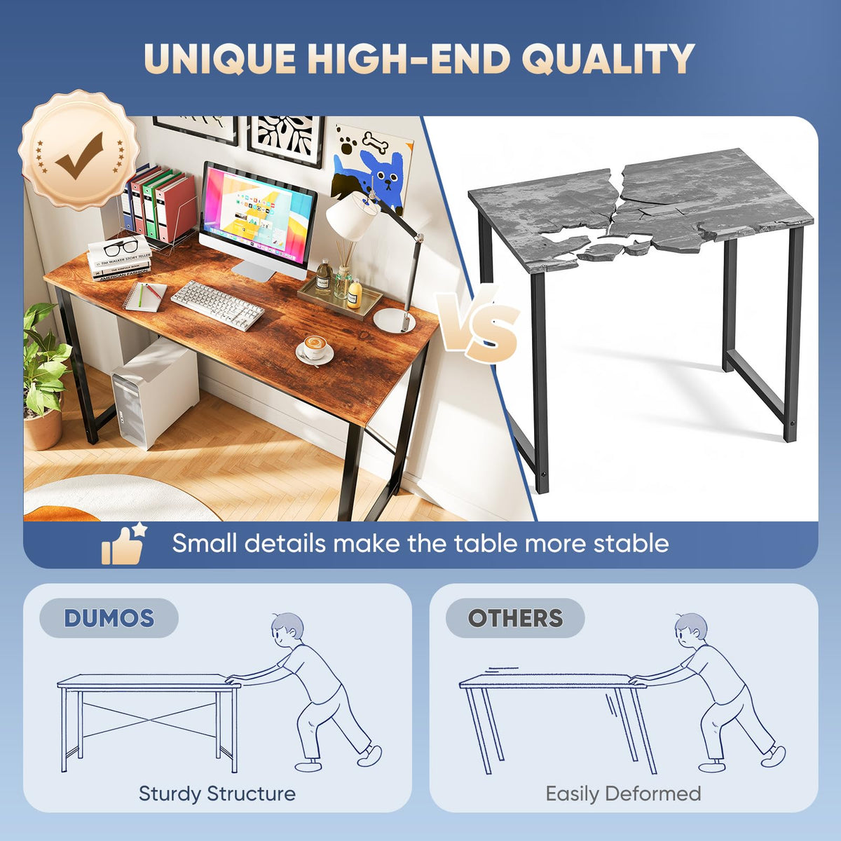 DUMOS 47 Inch Computer Desk for Home Office, Modern Writing Study Table Simple Modern Style for Bedroom Small Space, Large Work Desks with X-Shaped Reinforcement, Wood Brown