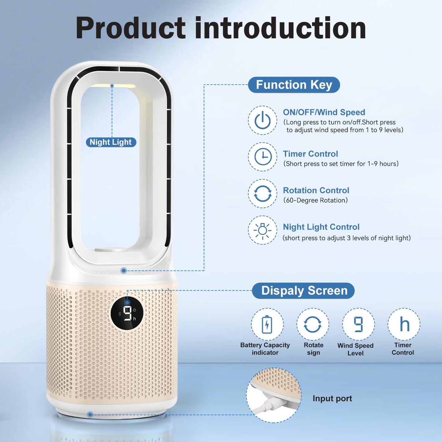 Small Bladeless Desk Fan Quiet, 14 Inch USB Rechargeable Table Fan with 5000mAh Battery, 60° Oscillating 9 Speeds Touch Control, 3 Light Modes, Mini Portable Fan for Office Bedroom Living Room