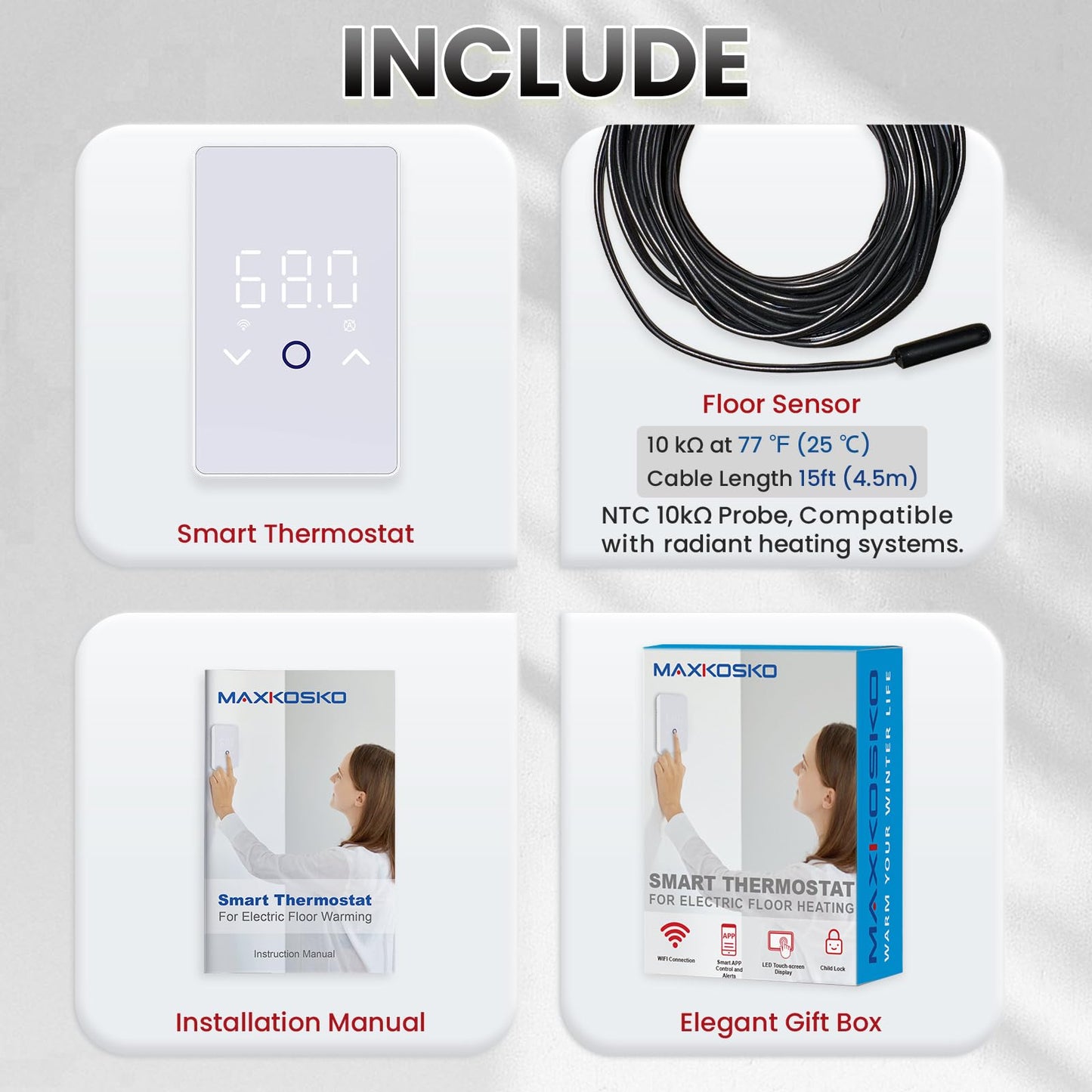 MAXKOSKO 1PC WiFi Smart Thermostat for Electric Floor Warming System with Touchscreen LED Display 120V/240V, Easy Connection & Energy Saving Home Programmable Thermostat White