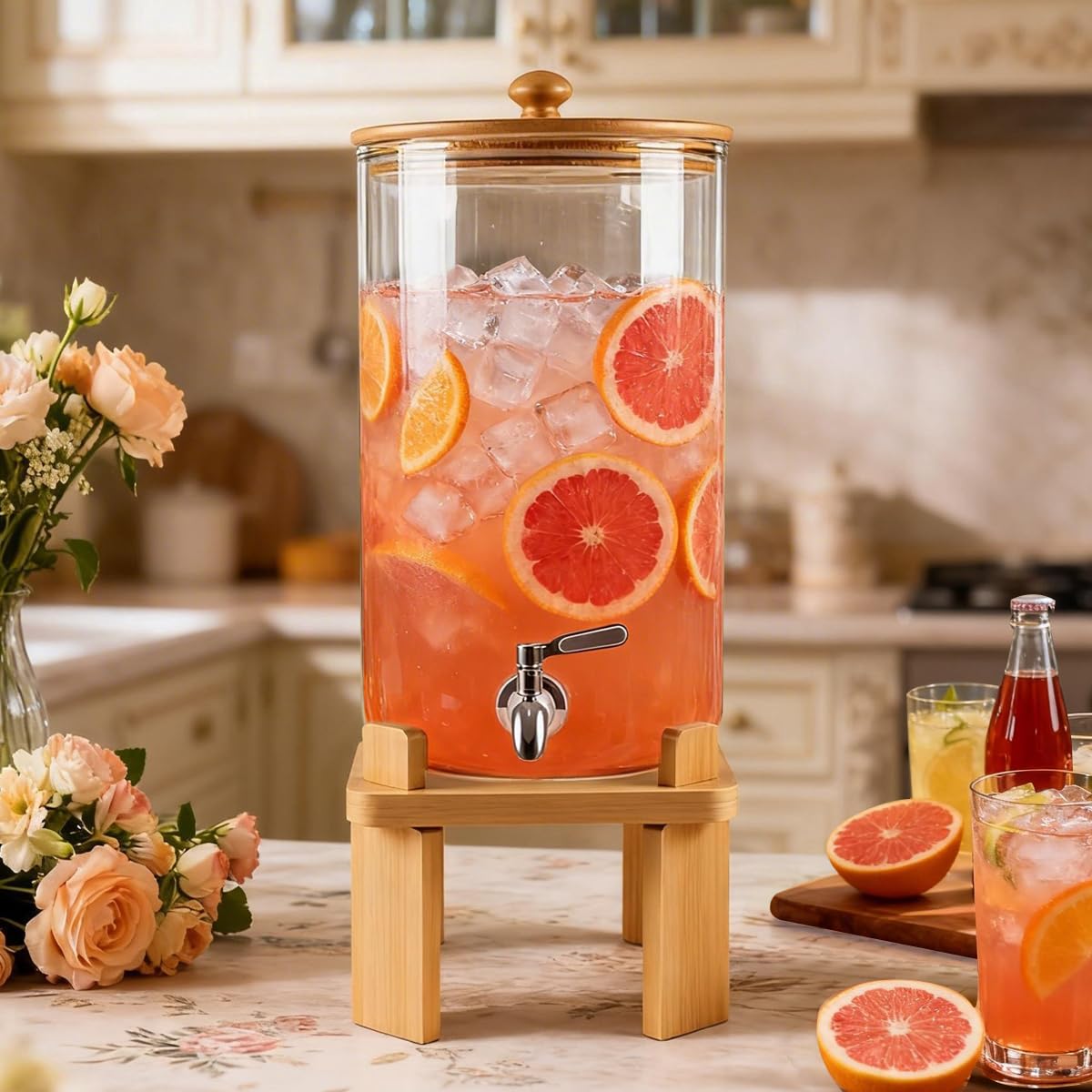 2.3 Gallon Large Glass Drink Dispenser for Parties, Glass Beverage Dispenser with Wood Stand, Juice & Lemonade Dispenser, Iced Beverage Dispenser with Spigot, Water Dispenser for Party with lid