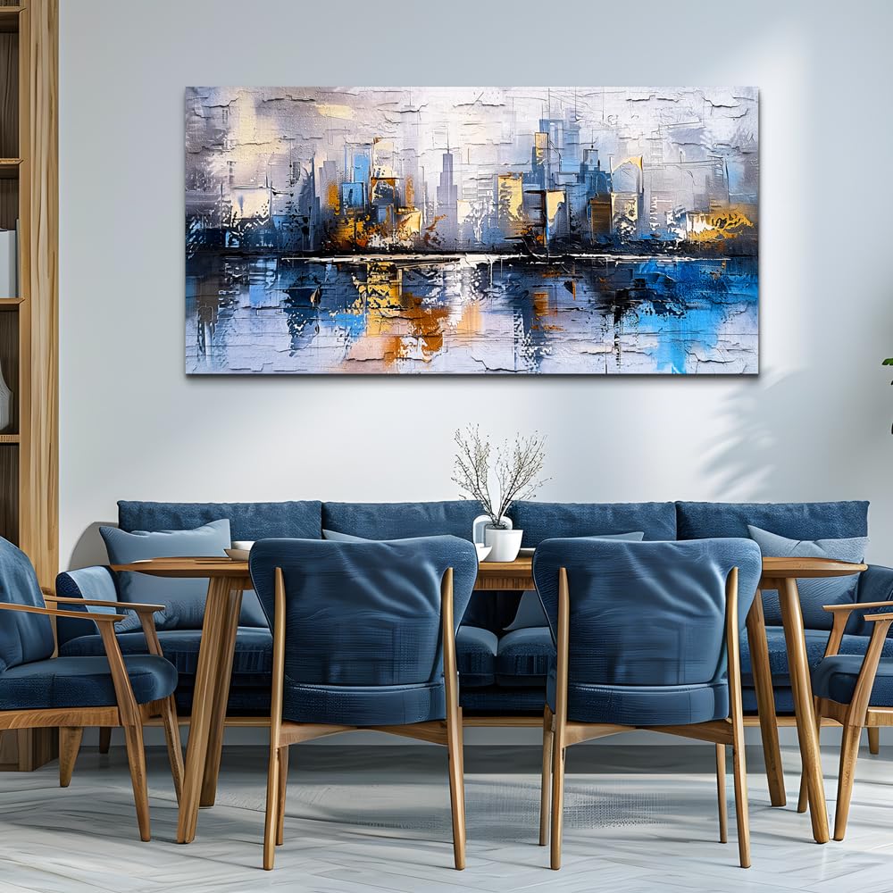 KELIYUAN Abstract City Oil Painting Large Home Decor Mural Living Room Bedroom Modern Printed Canvas Wall Art Yellow Blue Graffiti Mural Office Corridor Can Be Directly Hung Wall Decor 24 X 48 In