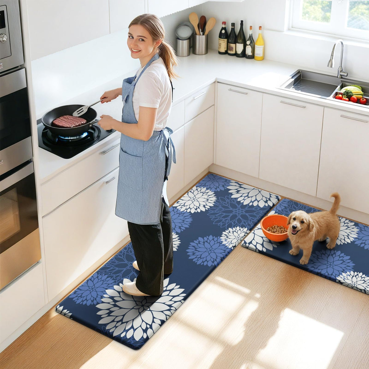 SofterCharm Kitchen Mats, 2PCS Non-Slip Cushioned Rugs, Anti-Fatigue Waterproof Floor Rug, Washable Standing Desk Mat, Home Laundry Office Apartment Decor and Accessories (17.3" ×47" +17.3" ×30"-Blue)