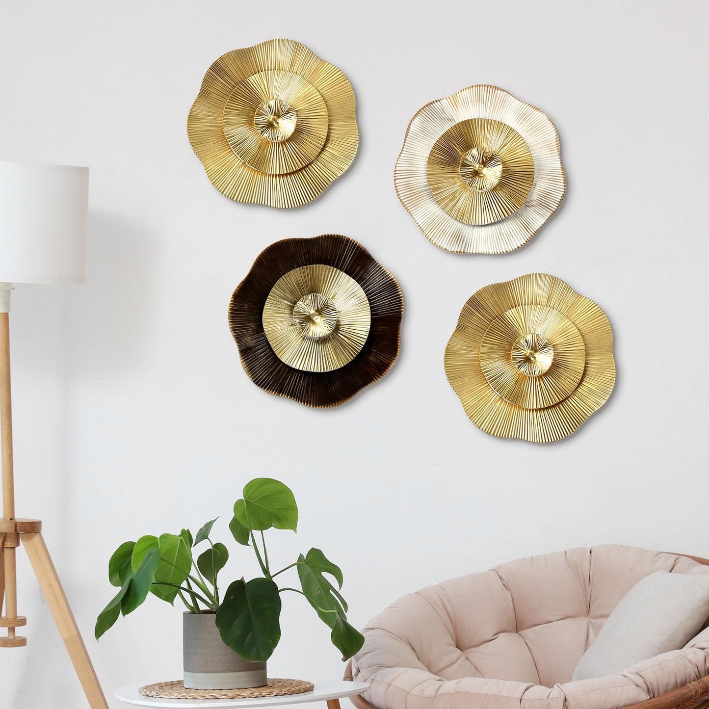 Shimeyao 4 Pcs 12 Inch Gold Wall Decor Metal Flower Plate Art Hanging Wall Decorations Modern Metai Decorations for Home Living Room Office Bedroom Bathroom Floral Sculpture