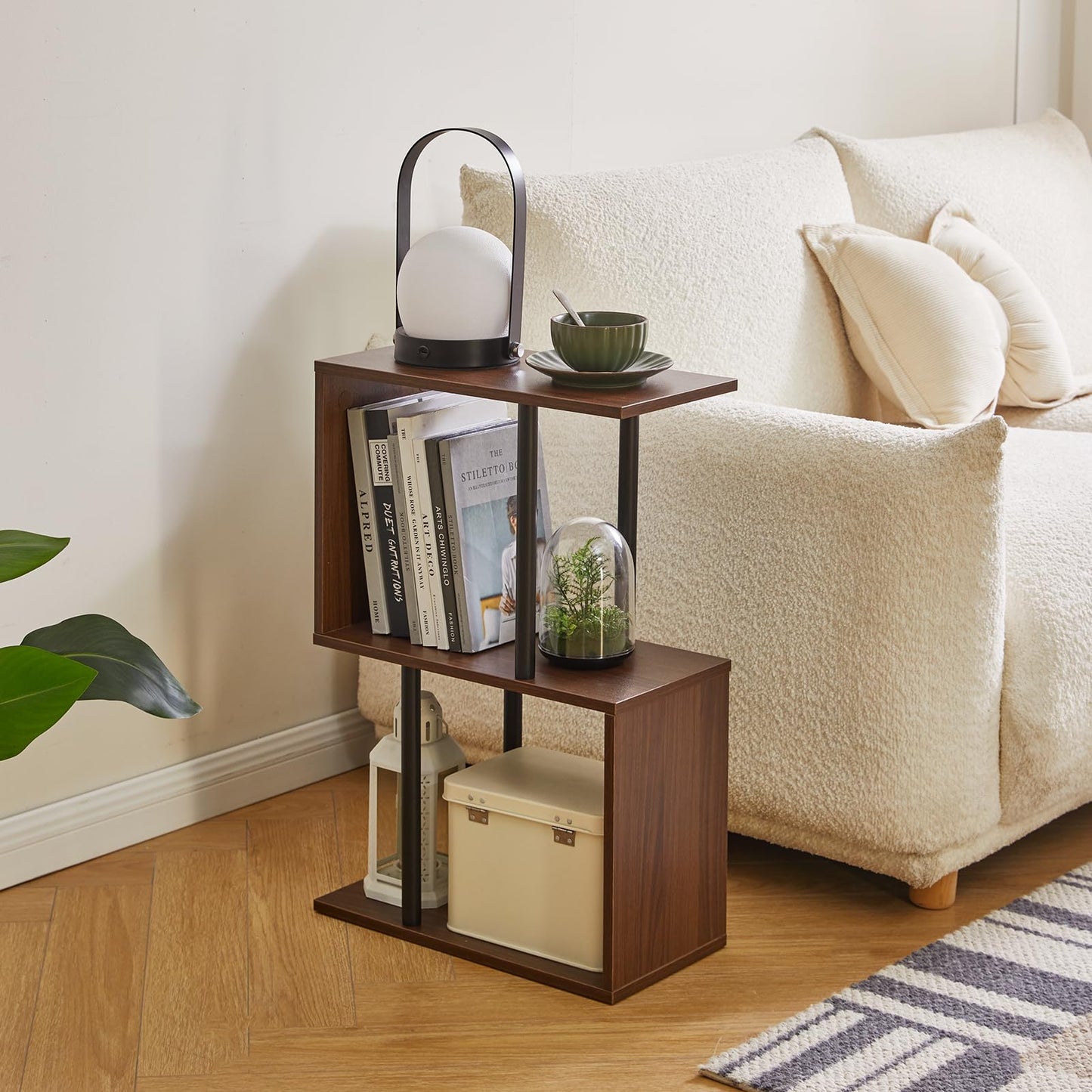 Aibiju S-Shaped Side Table, 3-Tier End Table with Open Storage Shelves, Non-Slip Feet, Modern Style Nightstand, Narrow Side Table for Small Space Living Room Bedroom Light Walnut YD-ST003LW