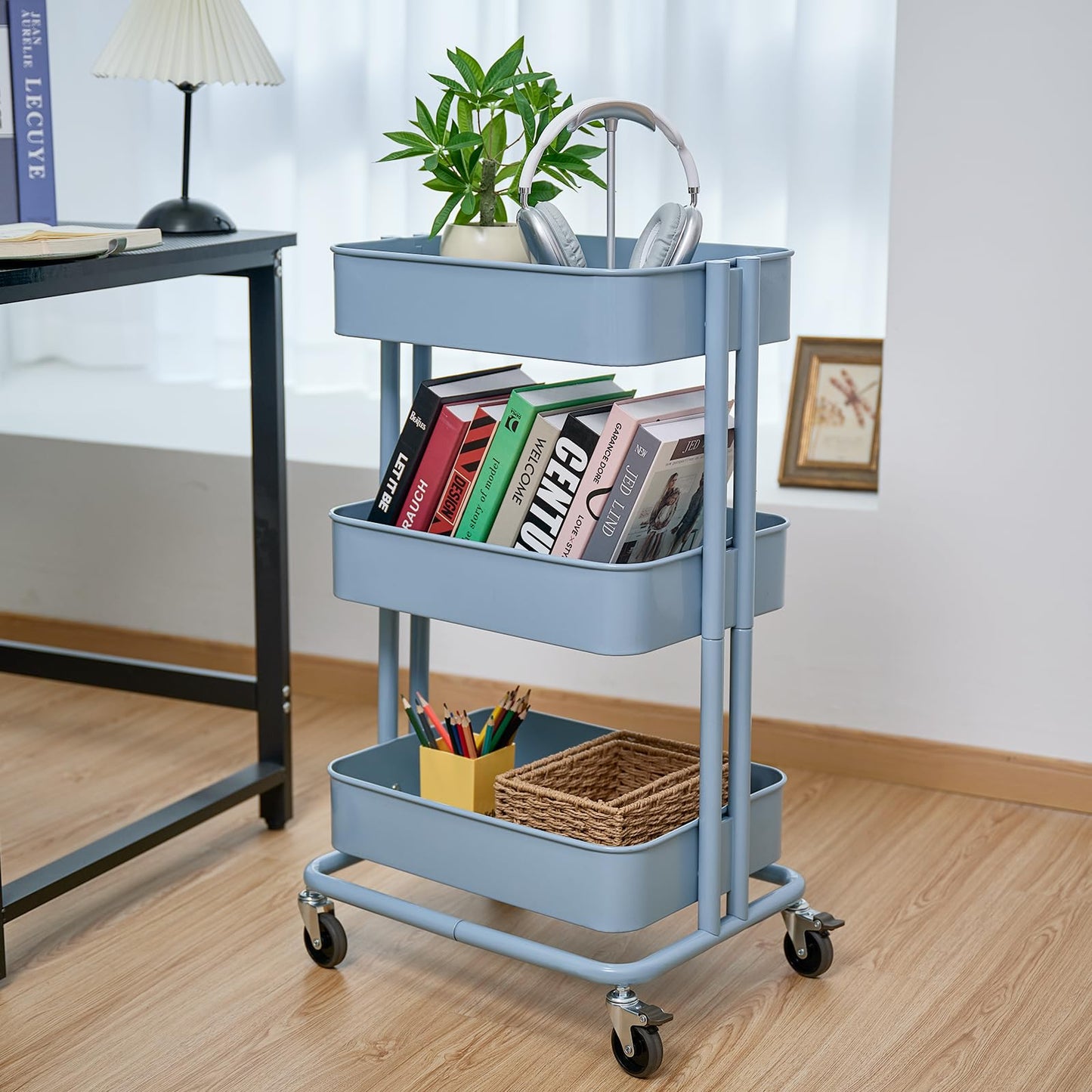 CARTTECH 3 Tier Rolling Cart Metal Heavy Duty Utility Cart with Silent Caster Lockable Wheels Multi-Functional Organization Carts Storage Trolley with Mesh Shelves for Office Kitchen Living Room Blue