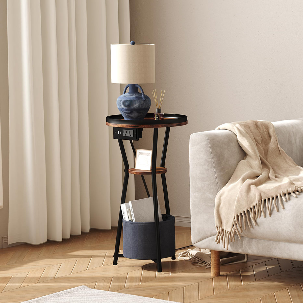 Yusong Round Side Table with Charging Station, Small Drink Table for Small Spaces, 3-Tier Industrial End Table, Accent Nightstand Bedside Table for Living Room, Bedroom, Sofa Couch, Rustic Brown