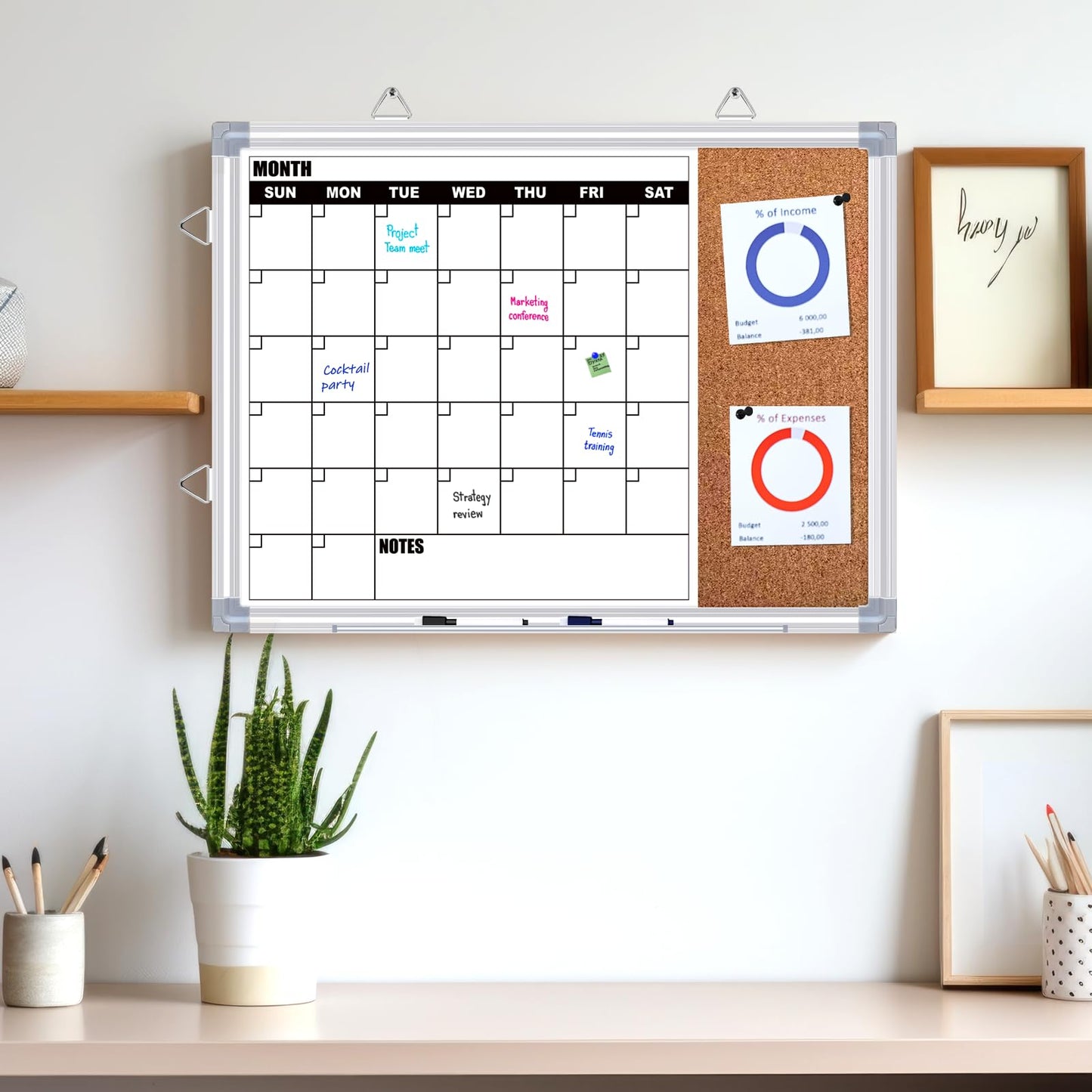 YUYIUS Calendar Whiteboard for Wall, 16" x 12" Double Sided Monthly Dry Erase Board Calendar for Office, Home, School, Hanging Cork Board White Board Combo, Portable Magnetic Dry Erase Planner Board