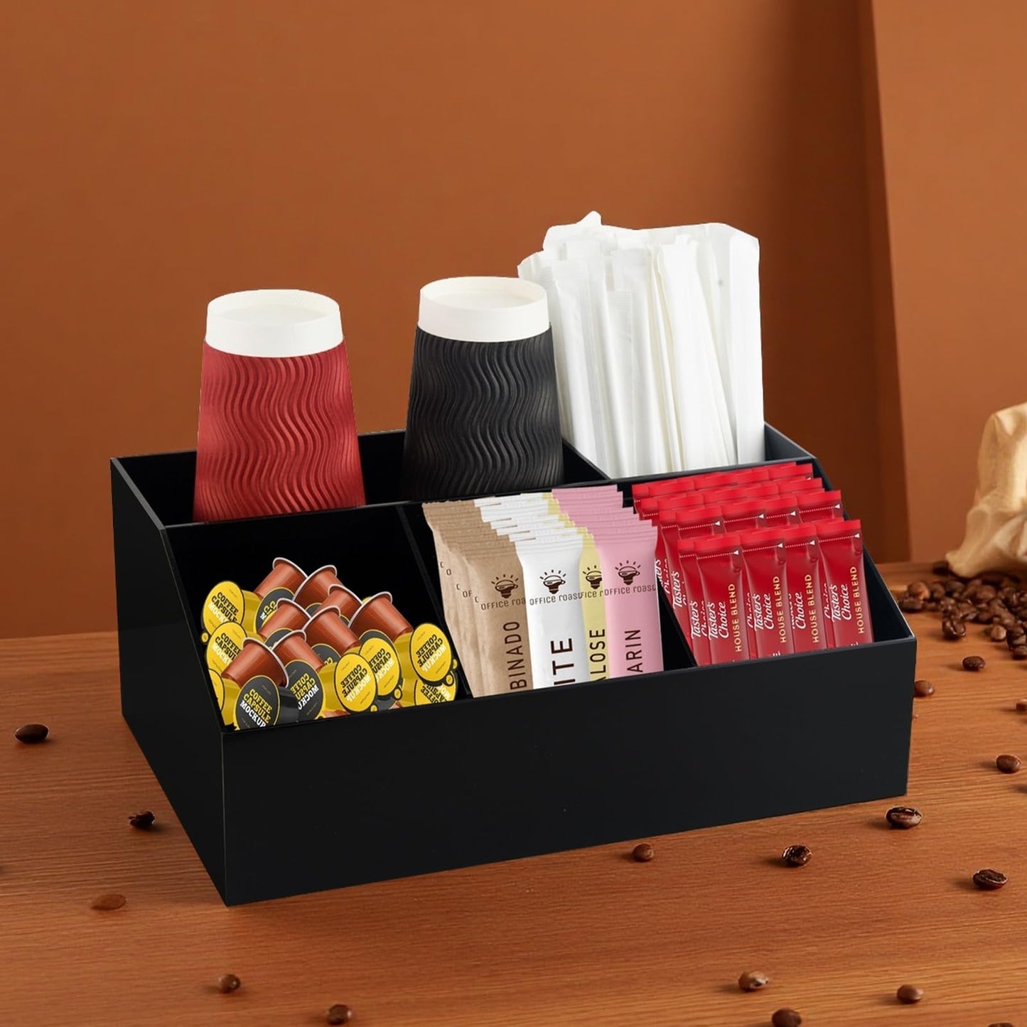 Watpot Coffee Bar Station Organizer for Countertop, Acrylic Coffee Pods Sugar Packets Tea Bags Storage Basket for Countertop, Black