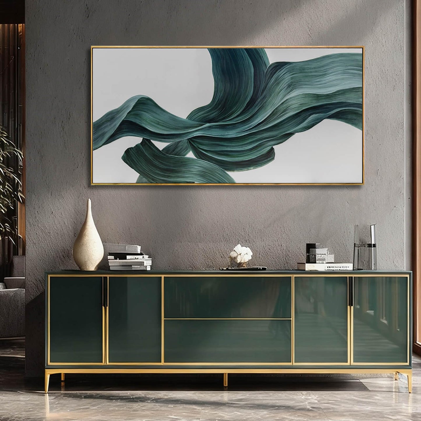 Green Abstract Wall Art 24x48 Inch, Large Framed Canvas Painting with Wooden Frame, Modern Minimalist Wall Decor for Living Room Bedroom or Office