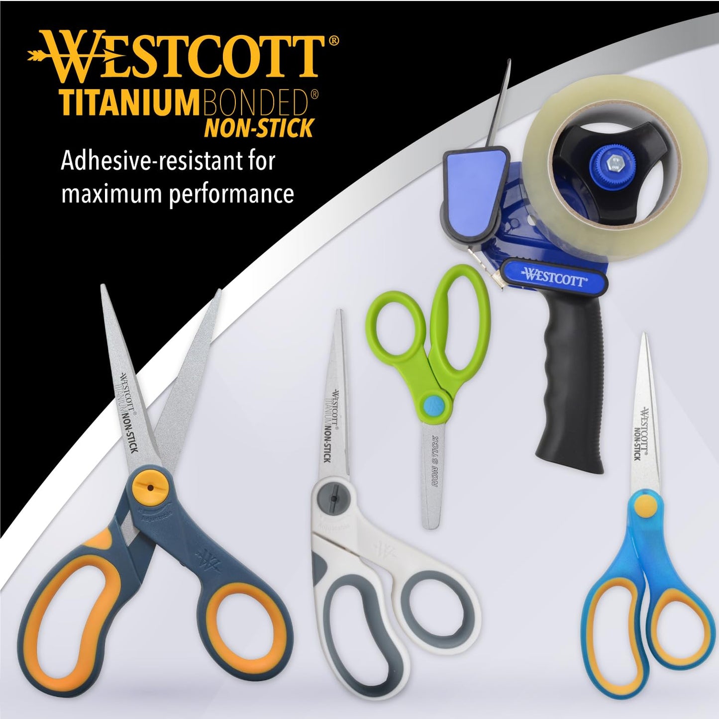 Westcott 8-Inch Non-Stick Titanium Scissors For Office and Home - Glide Adjust Technology - Grey/Yellow Craft, Fabric Scissors - 3 Pack