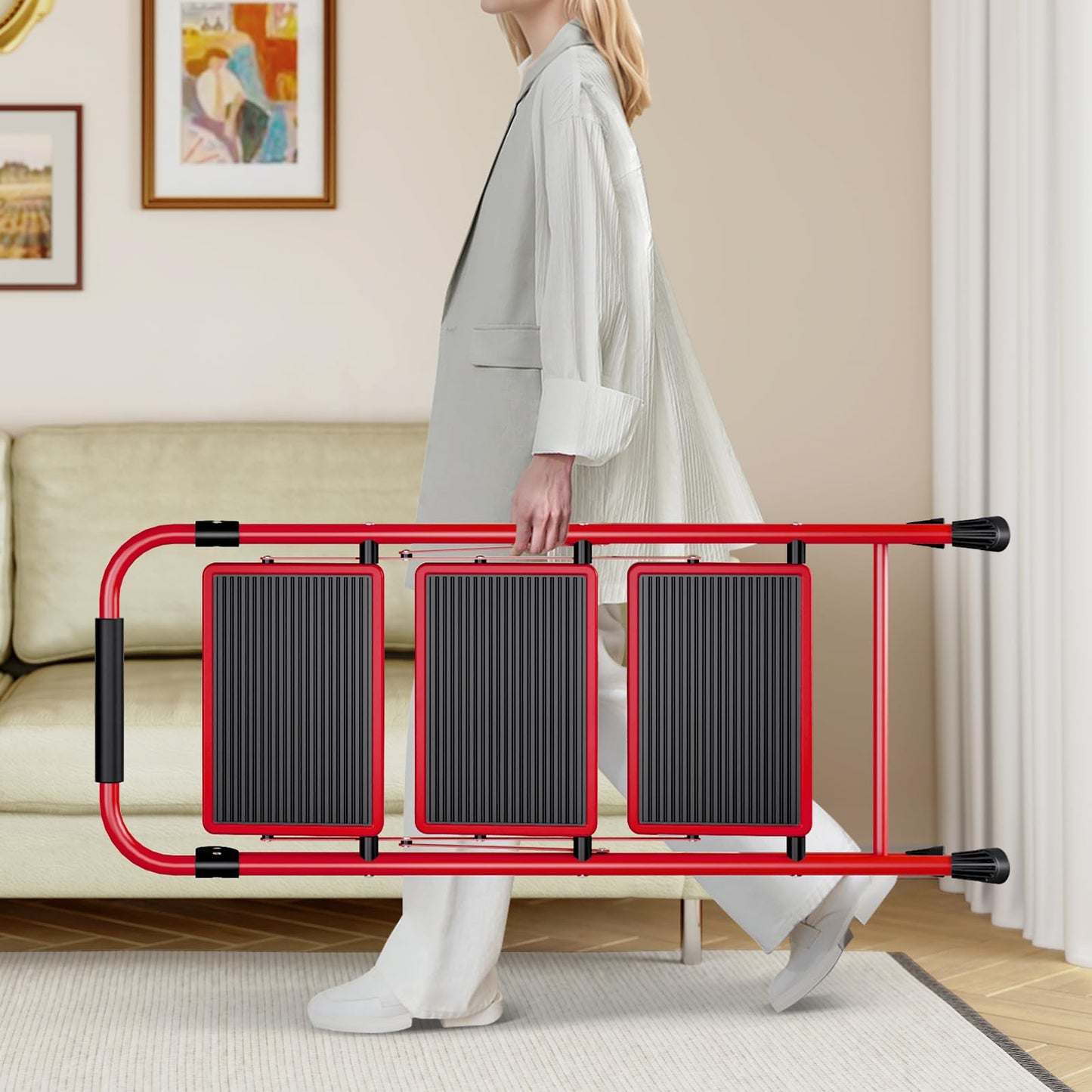 KINGRACK Step Ladder, Folding Ladder with Non-Slip and Wide Pedal, Small Ladder with Handle, Heavy Duty Steel Stool, Lightweight Step Ladder (Red, 3 Step Stool)