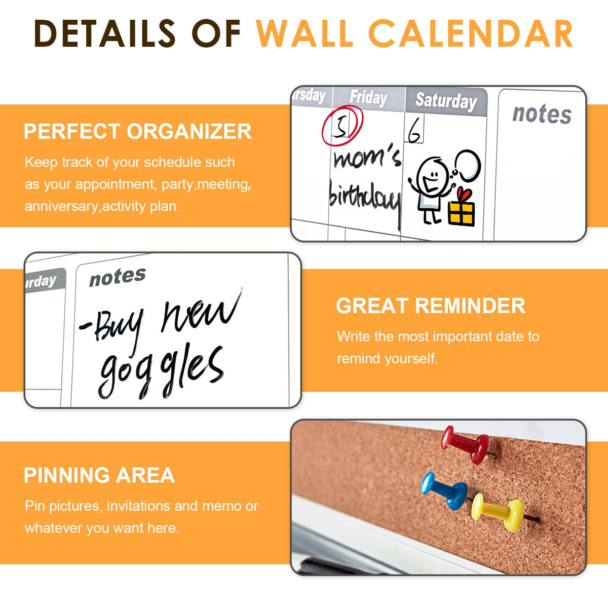 MAKELLO Dry Erase Calendar for Wall 36" x 24", Large Calendar Whiteboard with Cork Board for Office, Home, School, Family, Kitchen and Bedroom, 3' x 2'