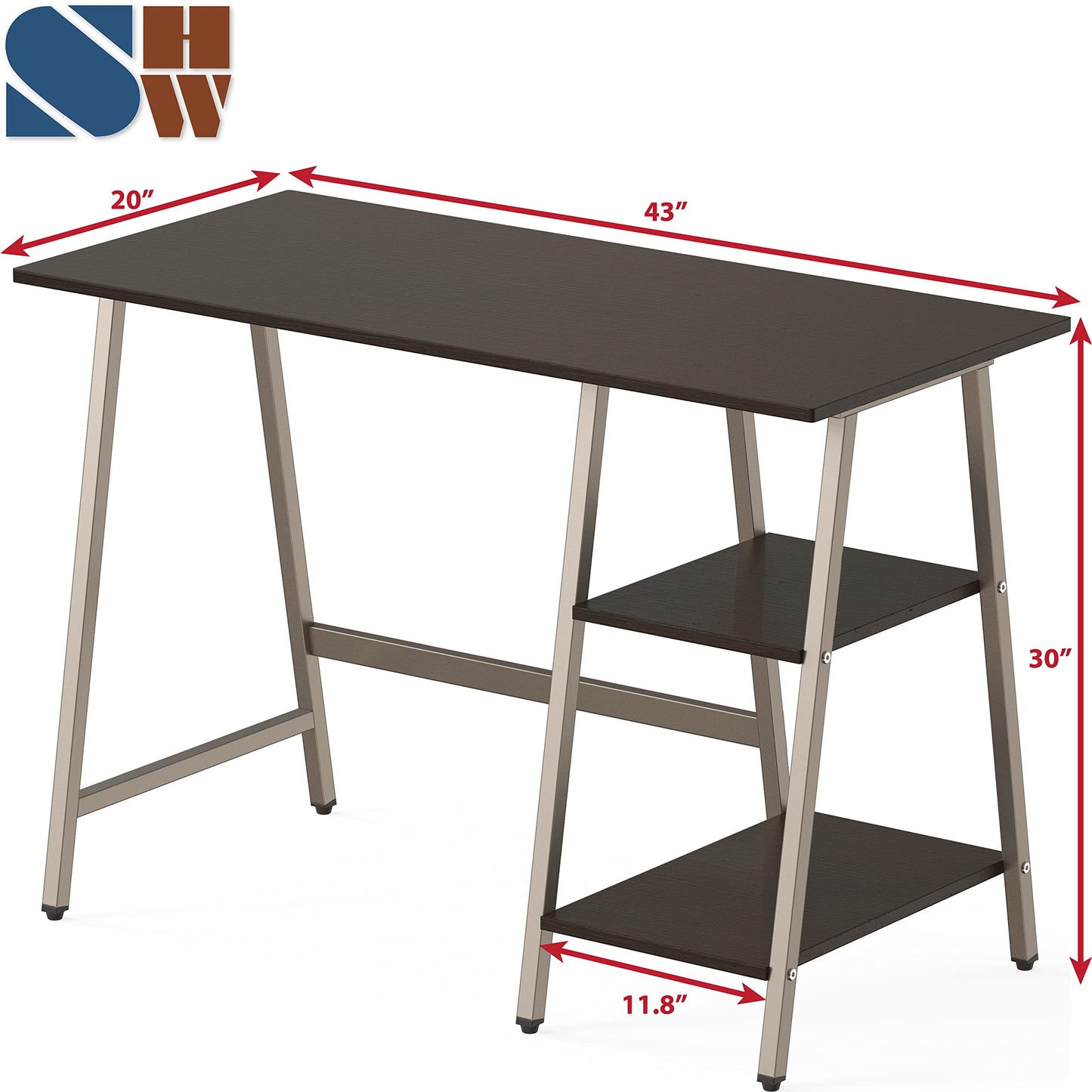 SHW 43-Inch Home Office Trestle Computer Desk with Open Storage Shelves, Espresso