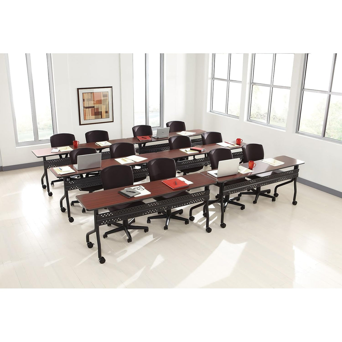 Iceberg OfficeWorks Premium Mobile Training Table – 72” Rectangular Desk with Locking Wheels, Mahogany Top & Black Frame – Rolling Conference Table for Offices, Classrooms, or Workspaces