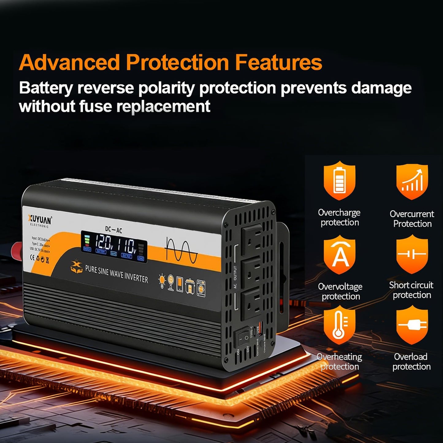 1000W Pure Sine Wave Inverter, 12V/24V Auto-Detect, 50Hz/60Hz Switchable, LCD Display, Type-C Fast Charging, Silent Design, Overload & Overheat Protection for RV, Home