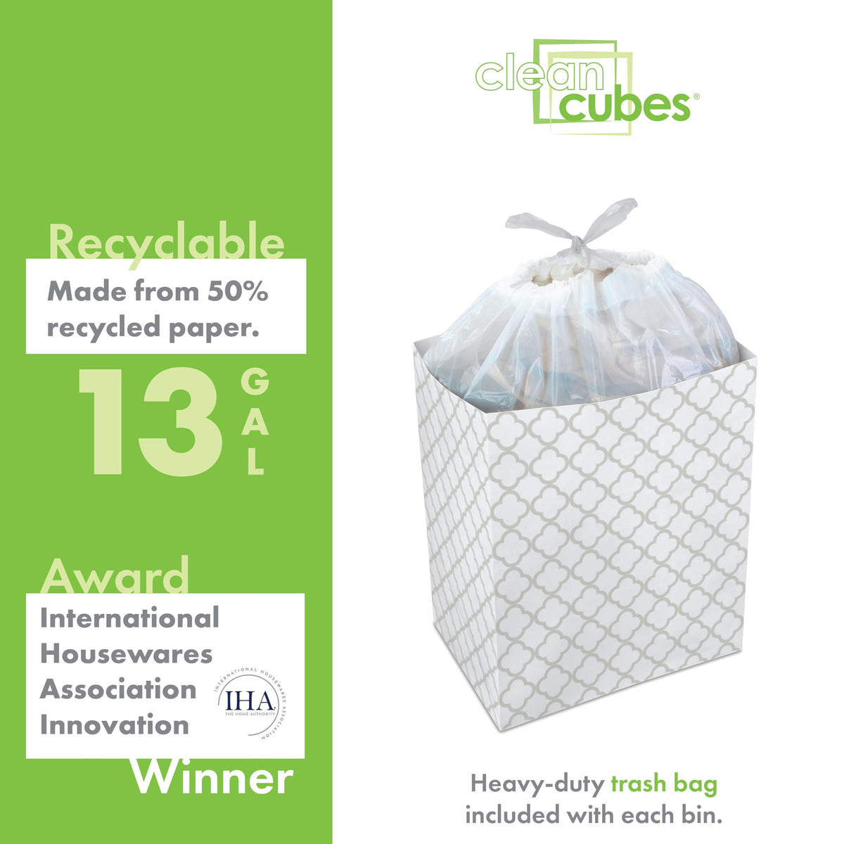 Clean Cubes 13 Gallon Disposable Pop-Up Trash Cans (3-Pack) with Fitted Bags – Foldable Garbage & Recycling Bins for Parties, Events & Kitchen (Trellis, 17" H x 13.5" W x 10" D)