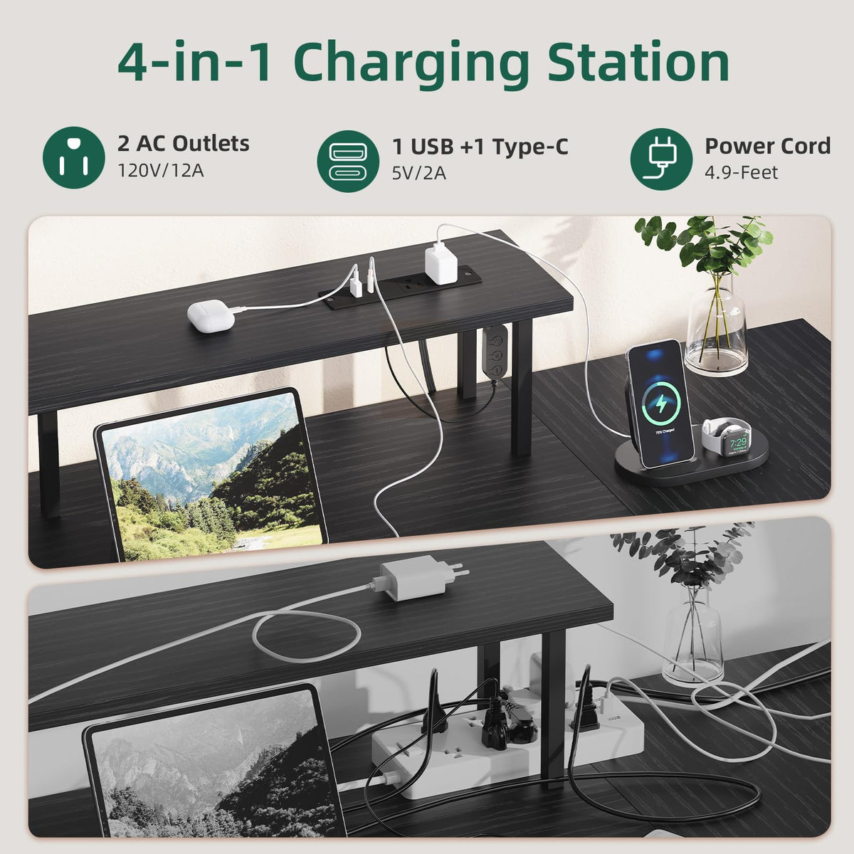 Somdot L Shaped Desk with 4 Drawers,61" Reversible Home Office Desks with Power Outlets,L Shaped Gaming Desk with USB Charging Port,Corner Desk with Storage Shelves,Easy to Assemble,Black
