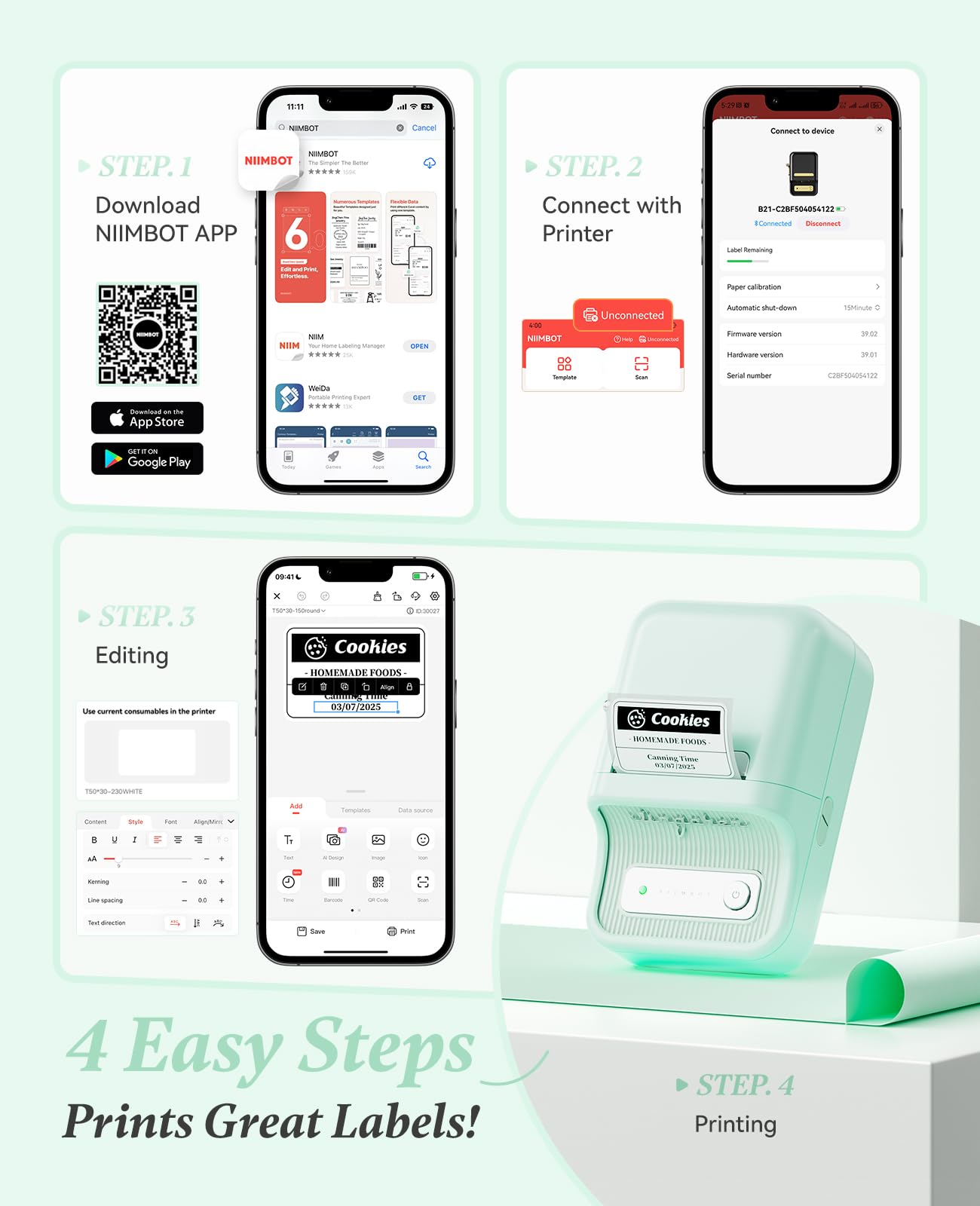 NIIMBOT B21 Label Printer,Bluetooth Thermal Label Maker,Ideal for Home Organization,Business,Ofice,50x30mm Labels(Mint Green)