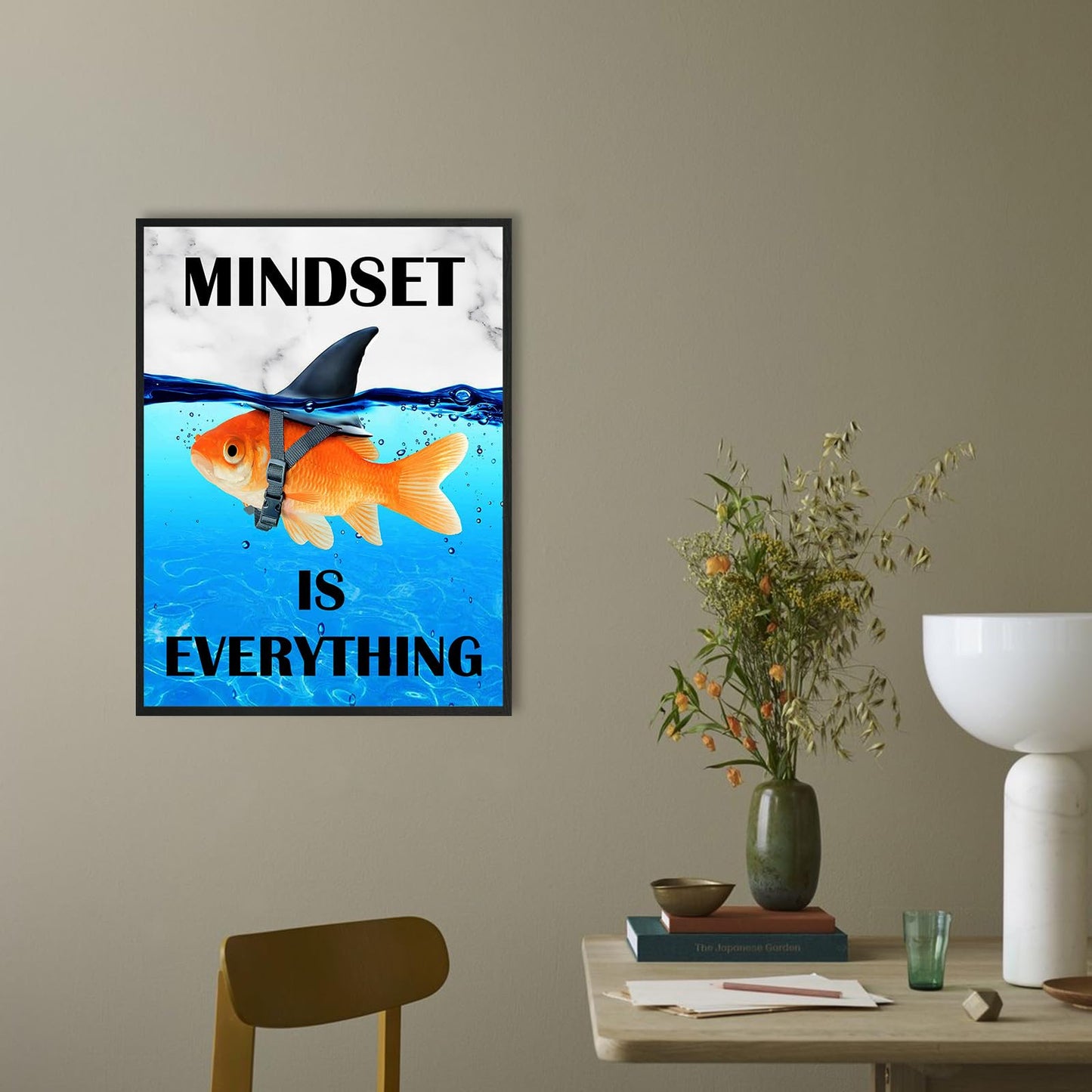 Mindset Is Everything Wall Art:Motivational Wall Decor for Office,Goldfish Prints Posters Inspirational Wall Art Framed,Uplifting Self Improvement Positive Quote Home Office Wall Art 12"x15"