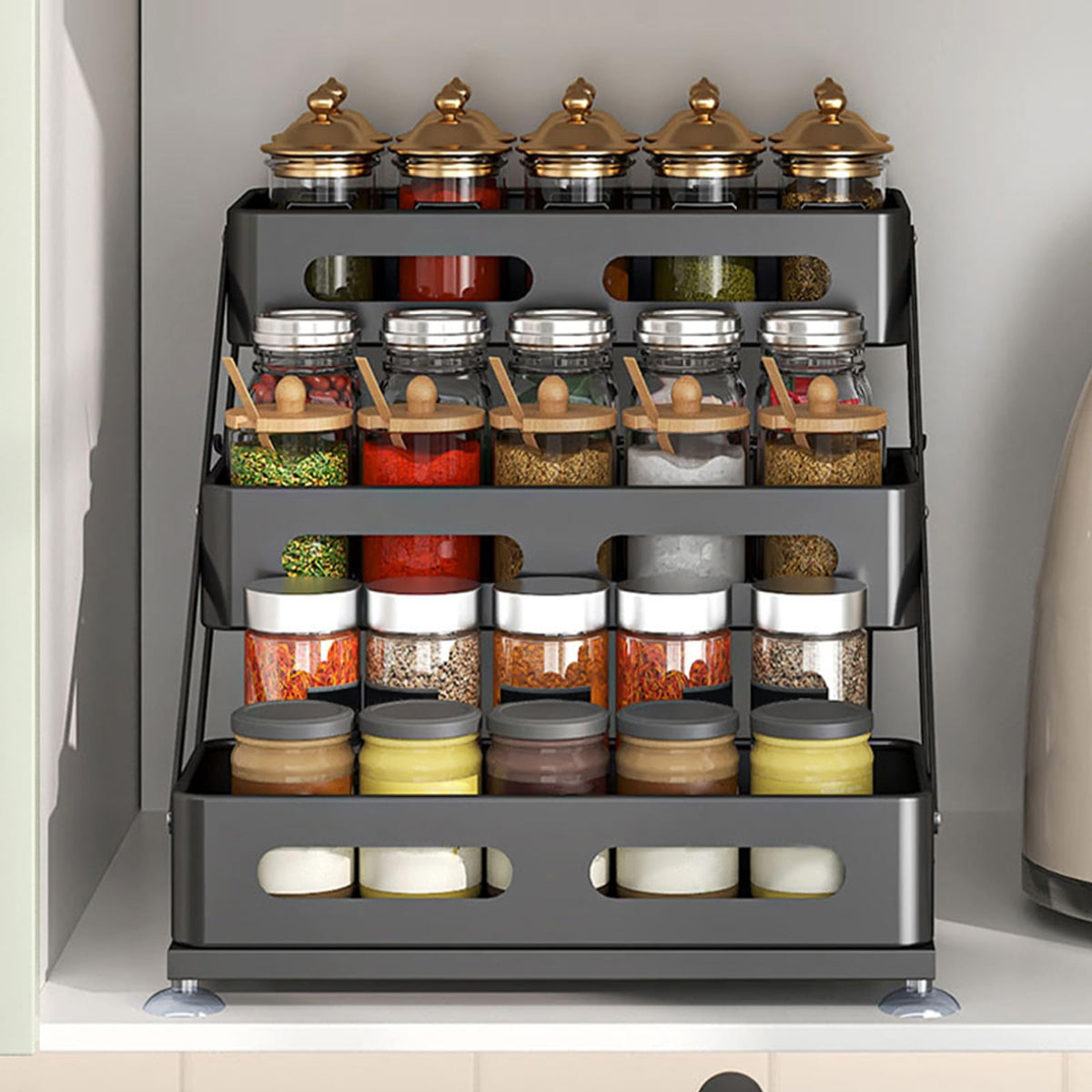 Ceetug 3 Tier Foldable Spice Rack for Countertop Iron Kitchen Seasoning Organizer for Cabinet, Black